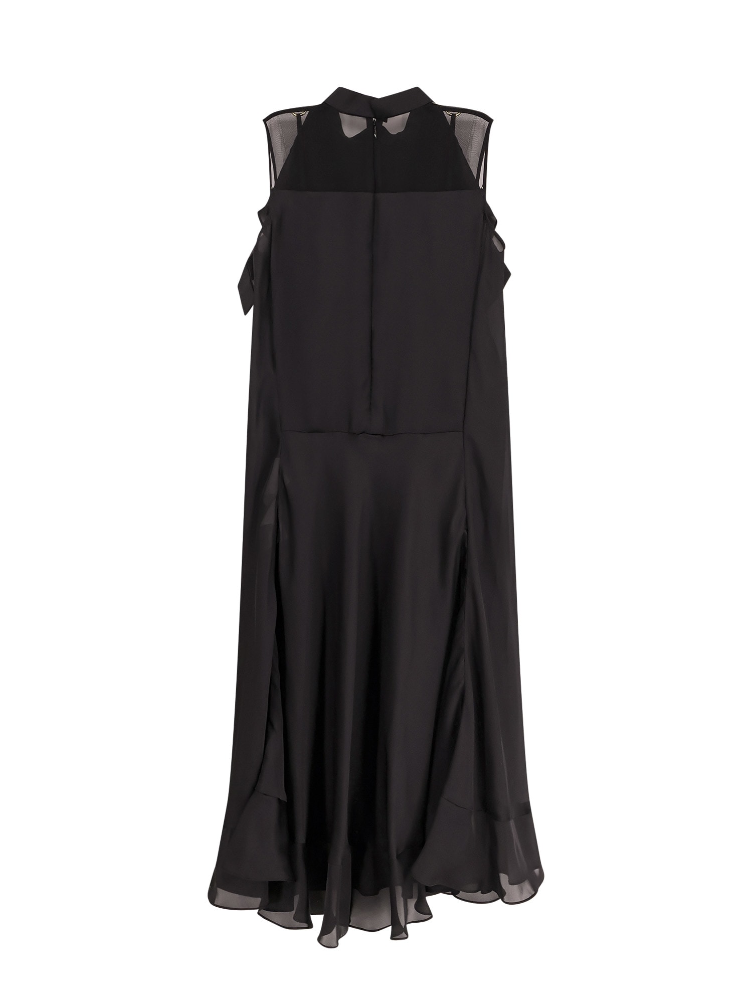 Sacai Sleeveless Turtleneck Midi Dress With Ruffled Sheer Panels In Black