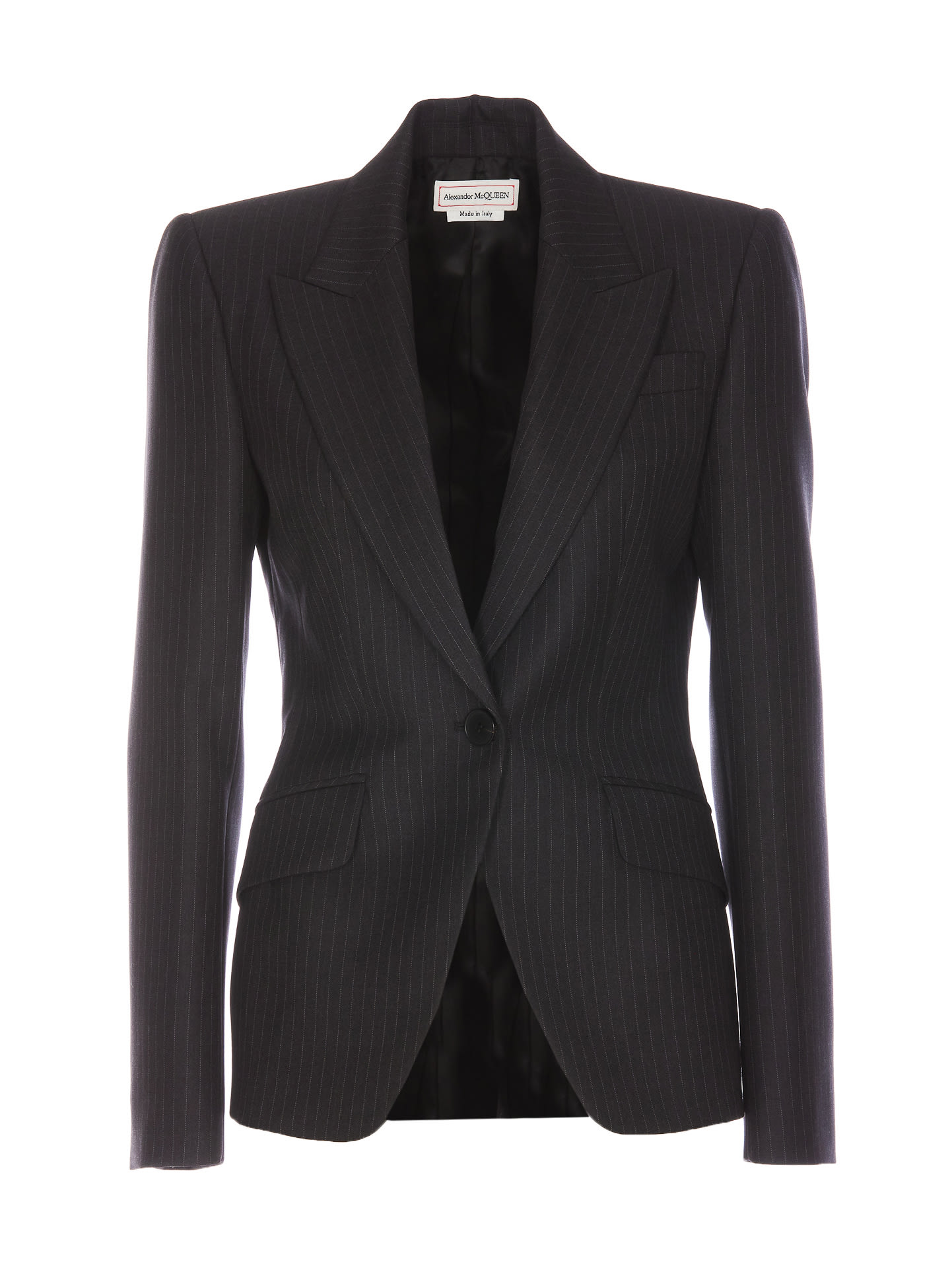 Shop Alexander Mcqueen Pinstripe Pattern One-breasted Jacket In Grey