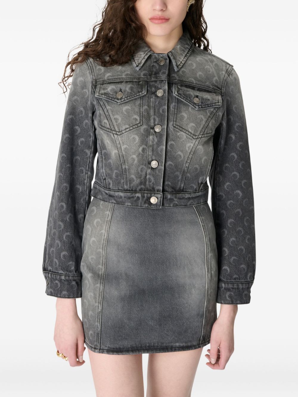 Marine Serre Moon Laser Grey Wash Cropped Denim Jacket In Gray