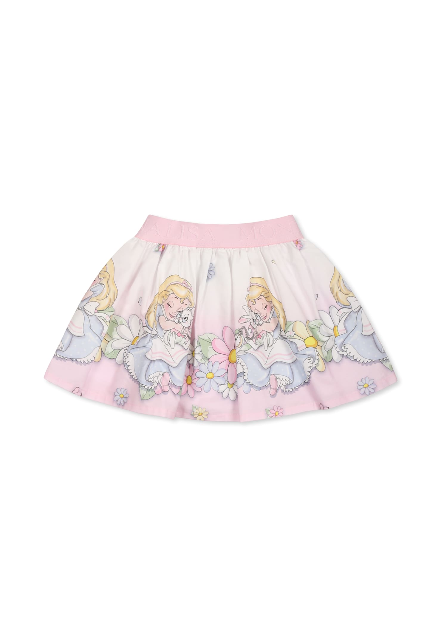 Monnalisa Pink Skirt For Baby Girl With Alice In Wonderland Print In Pink