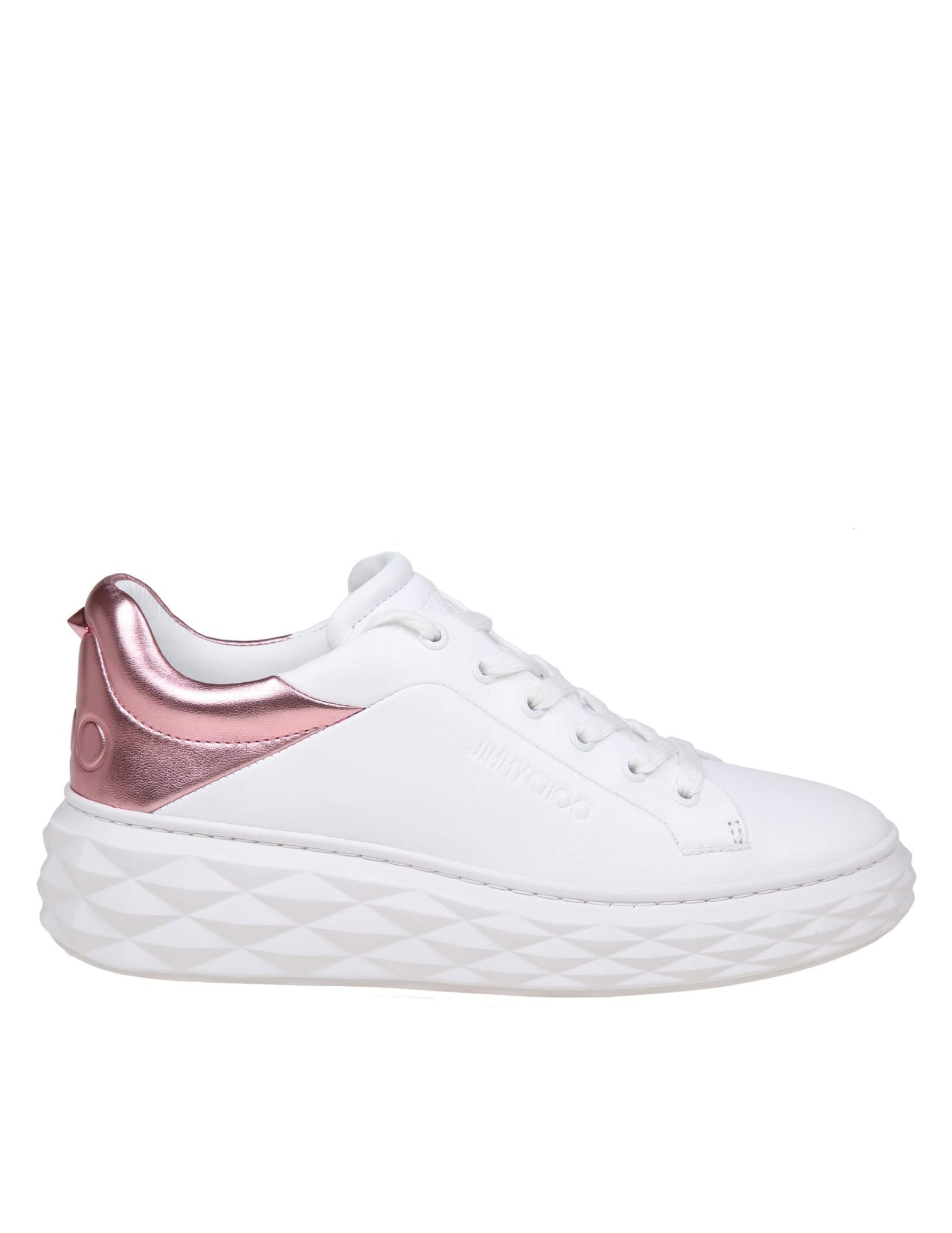 Shop Jimmy Choo Diamond Maxi Sneakers In White And Pink Leather In White/pink