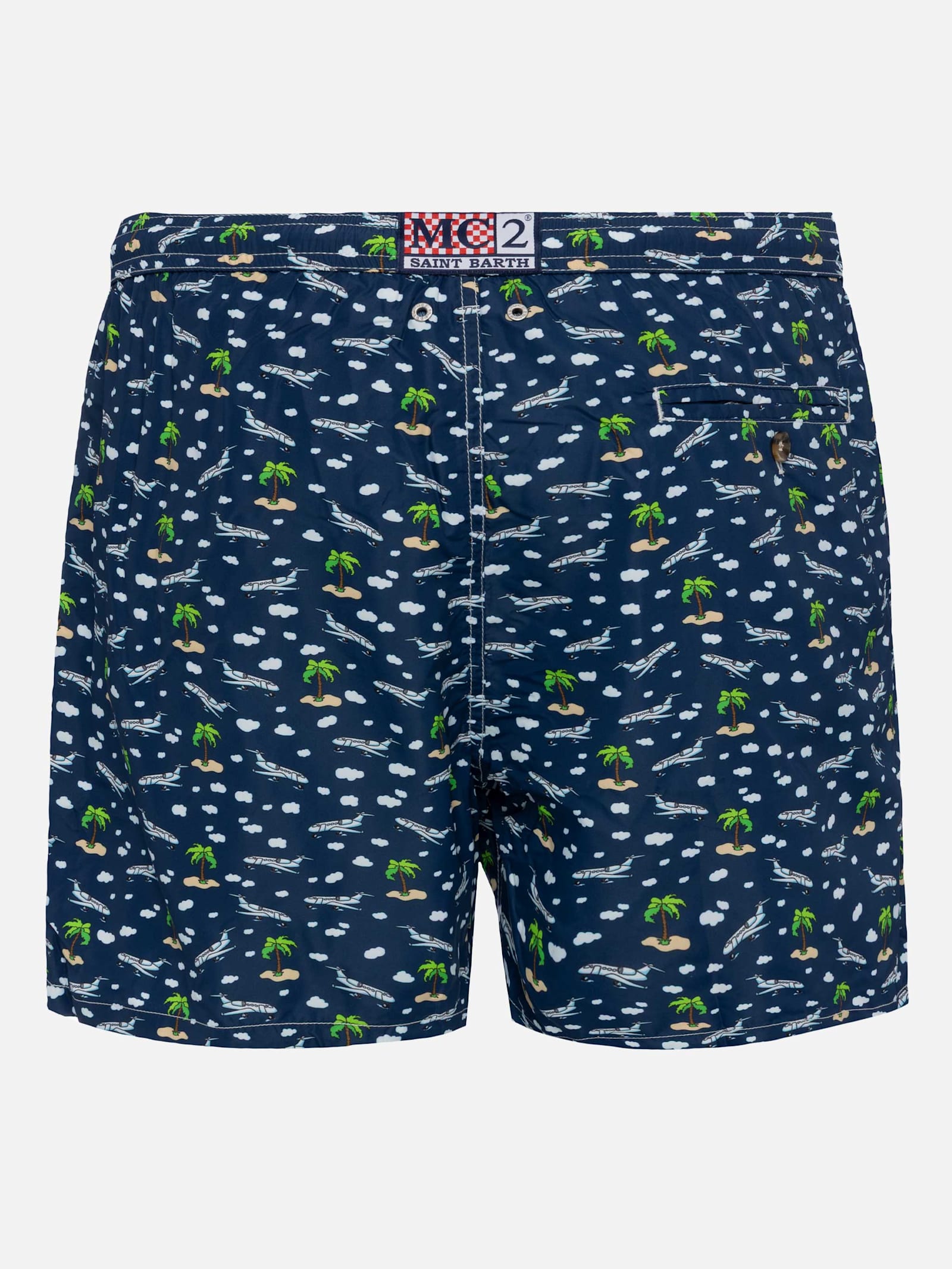 Mc2 Saint Barth Lightweight Fabric Swim Shorts Lighting With Palms And Planes Print In Blue Navy