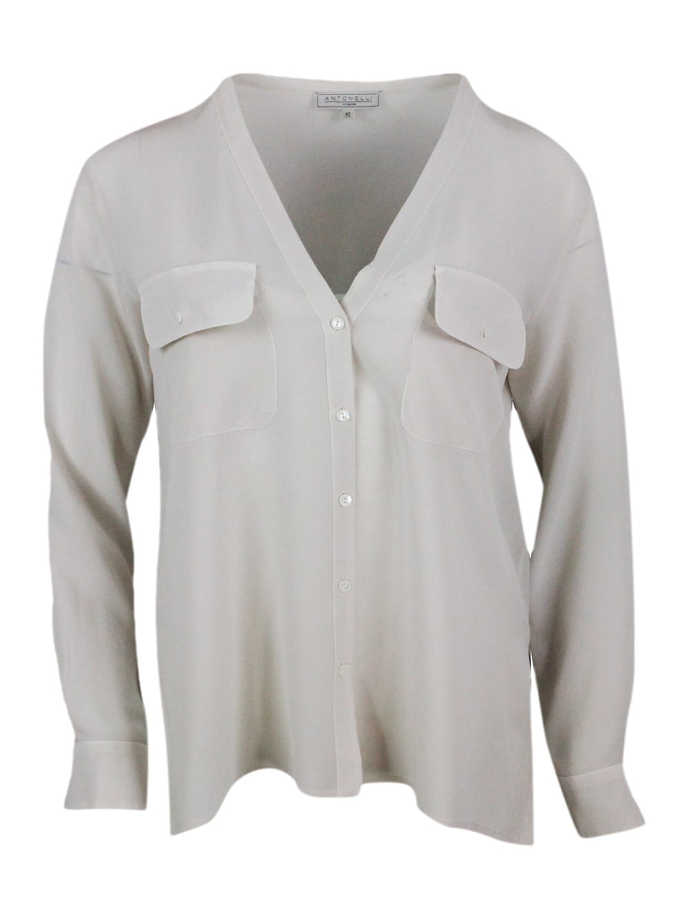 Shop Antonelli Shirt Made Of Soft Stretch Silk, With V-neck, Chest Pockets And Button Closure In Beige
