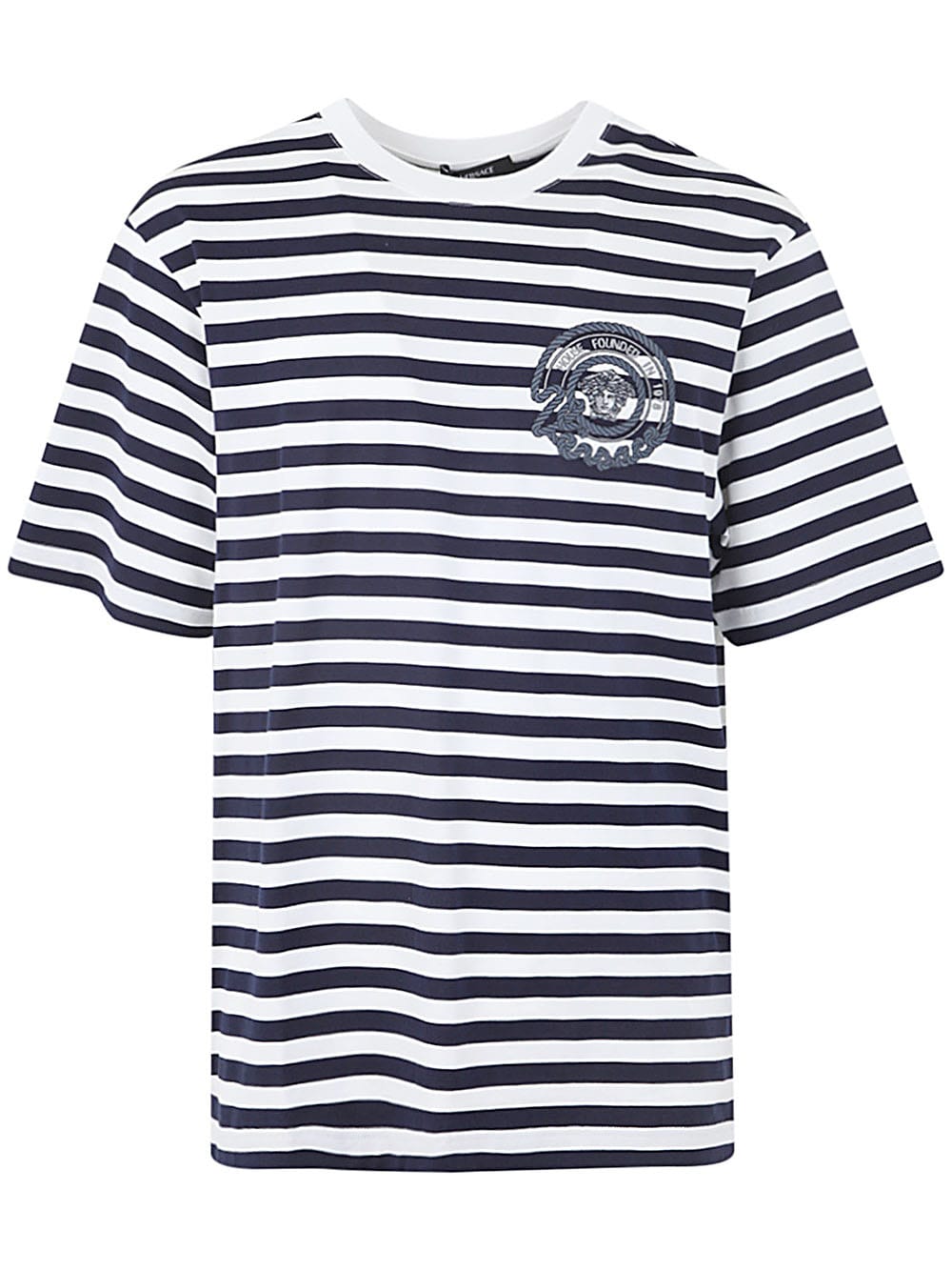 Shop Versace T-shirt Striped Jersey Fabric + Embroidered Nautical Emblem In White Navy Blue