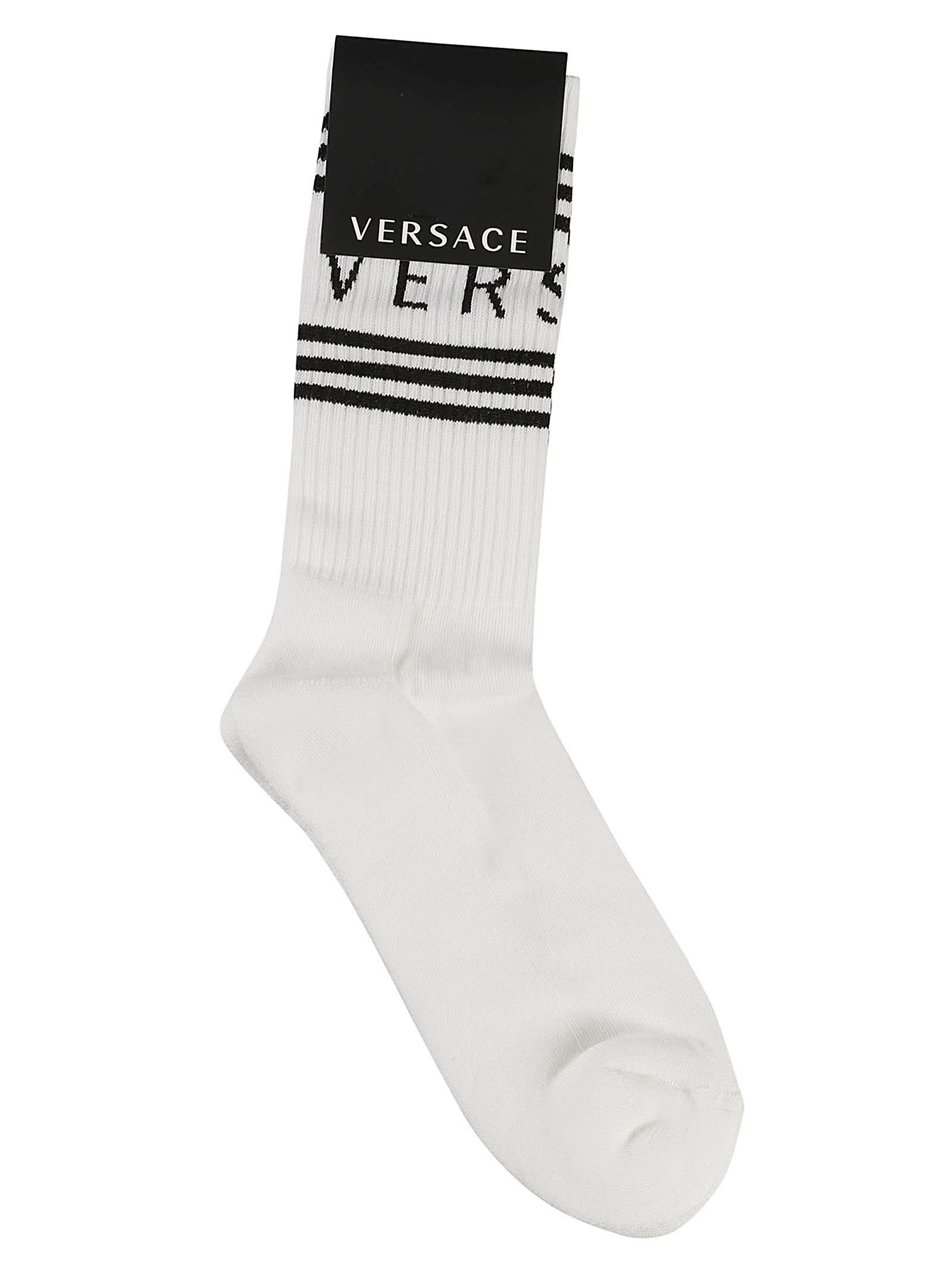 Shop Versace Cotton Logo Socks In White/black