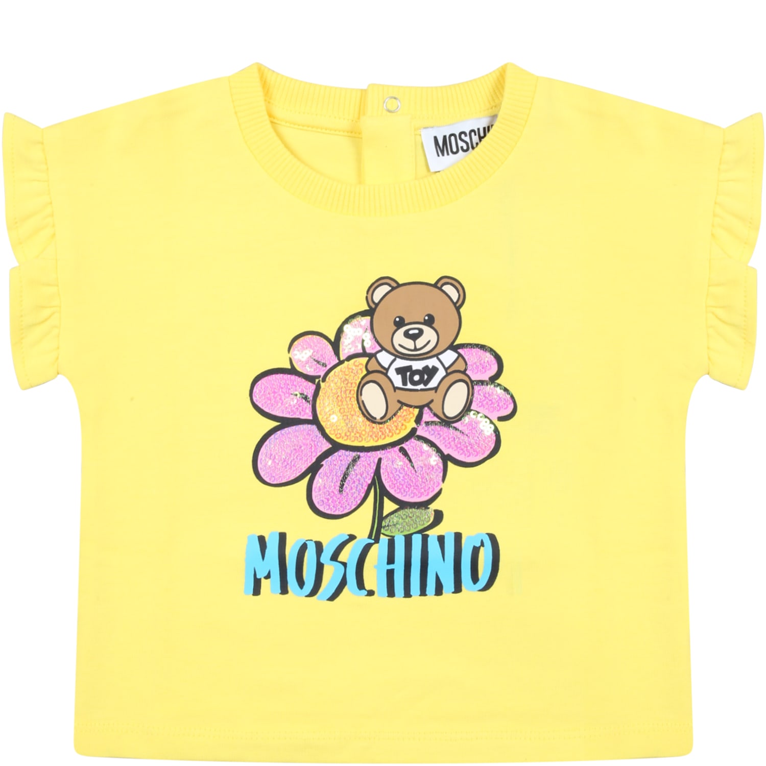 Moschino Yellow T-shirt For Baby Girl With Teddy Bear And Flowers