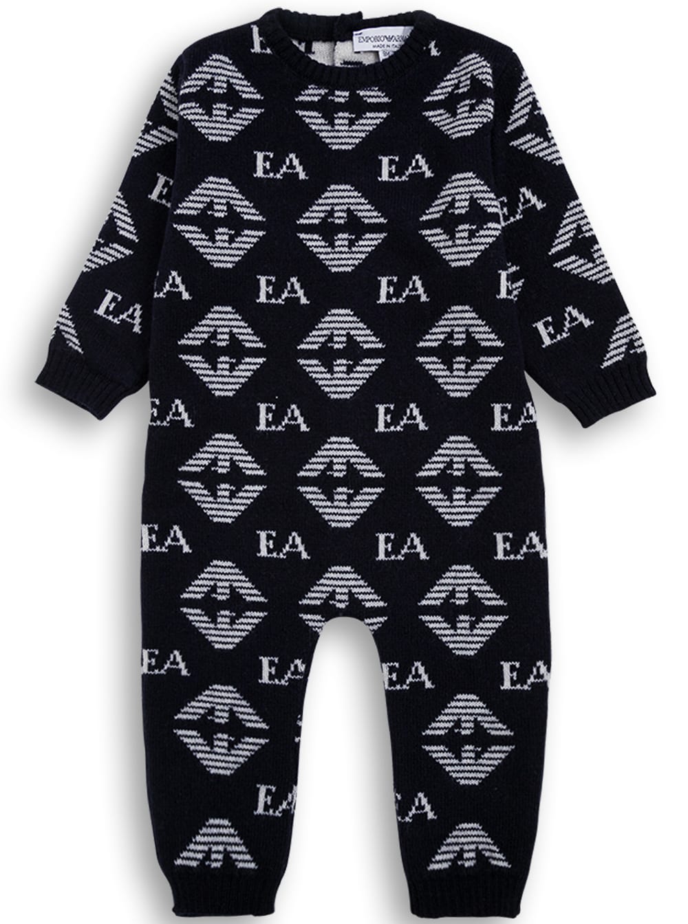 Emporio Armani Blue Wool And Silk Onesie With Allover Logo Print