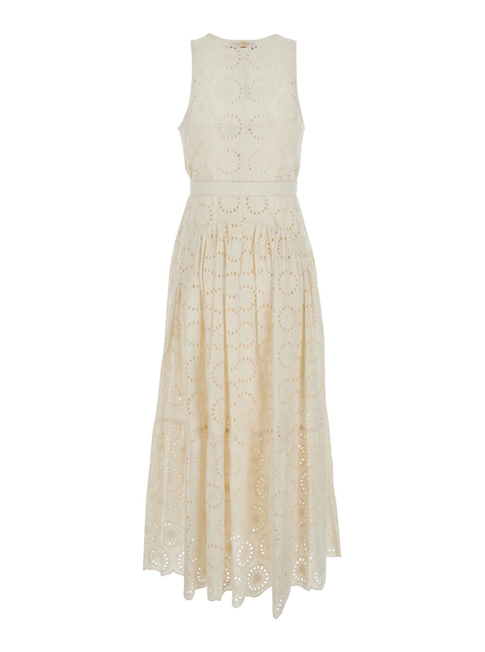 Twinset White Long Dress With V-neck And Waist Belt With Metallic Logo Plaque In Cotton Woman In White