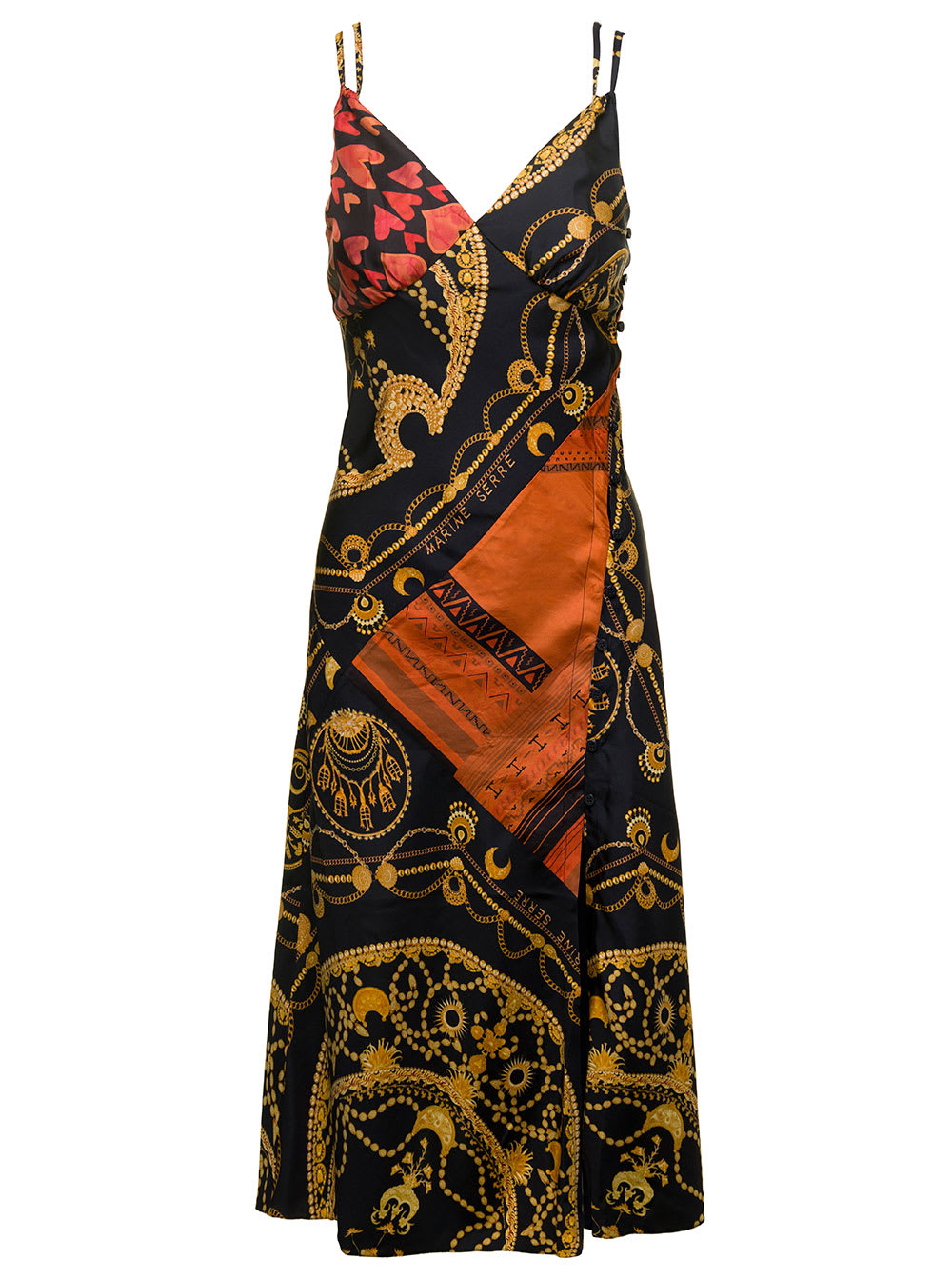 Midi Multicolor Dress With Double Straps And Ornament Jewelry Print In Silk Woman