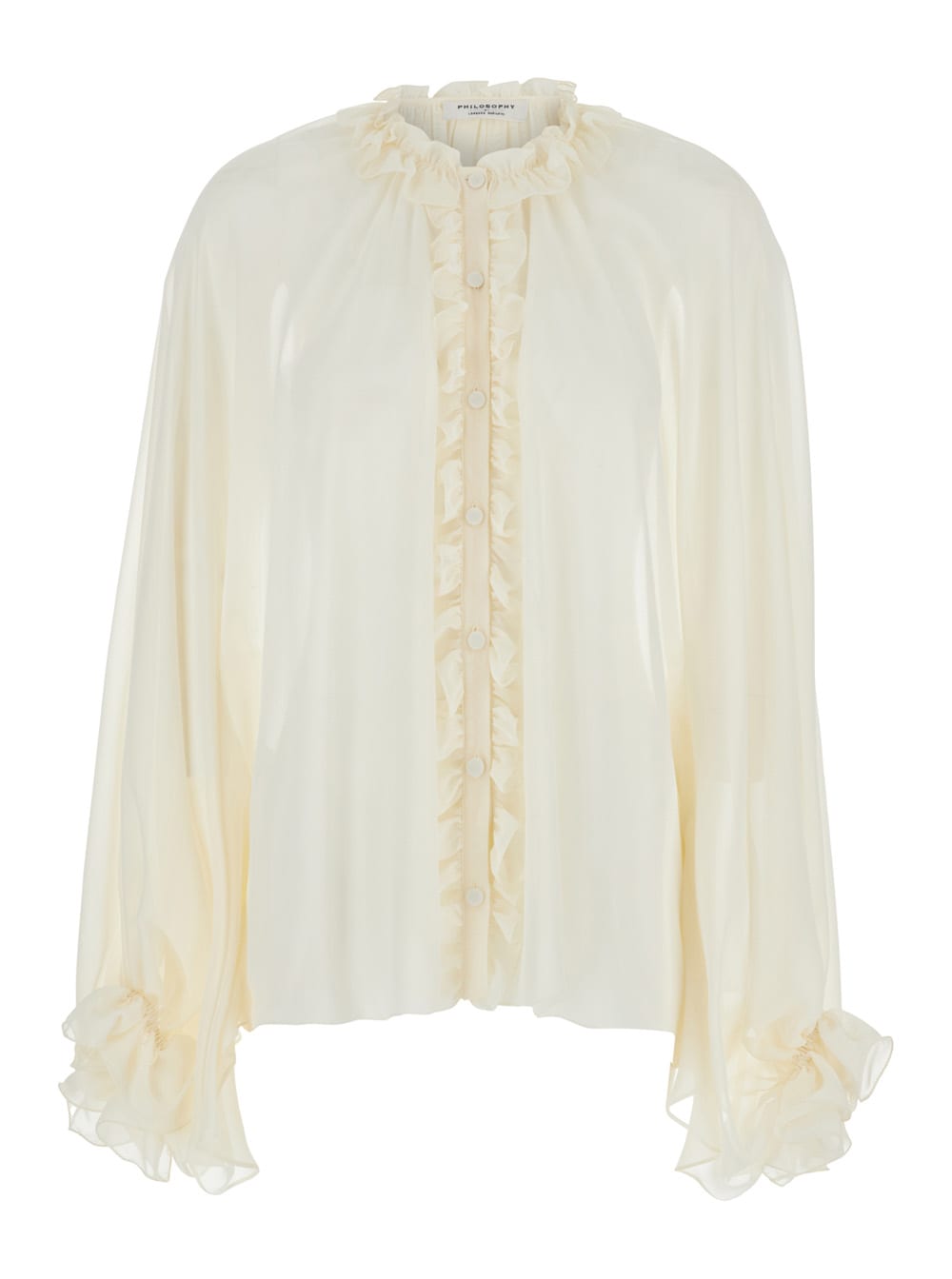 White Blouse With Ruffled Collar And Ruffled Details In Silk Blend Woman