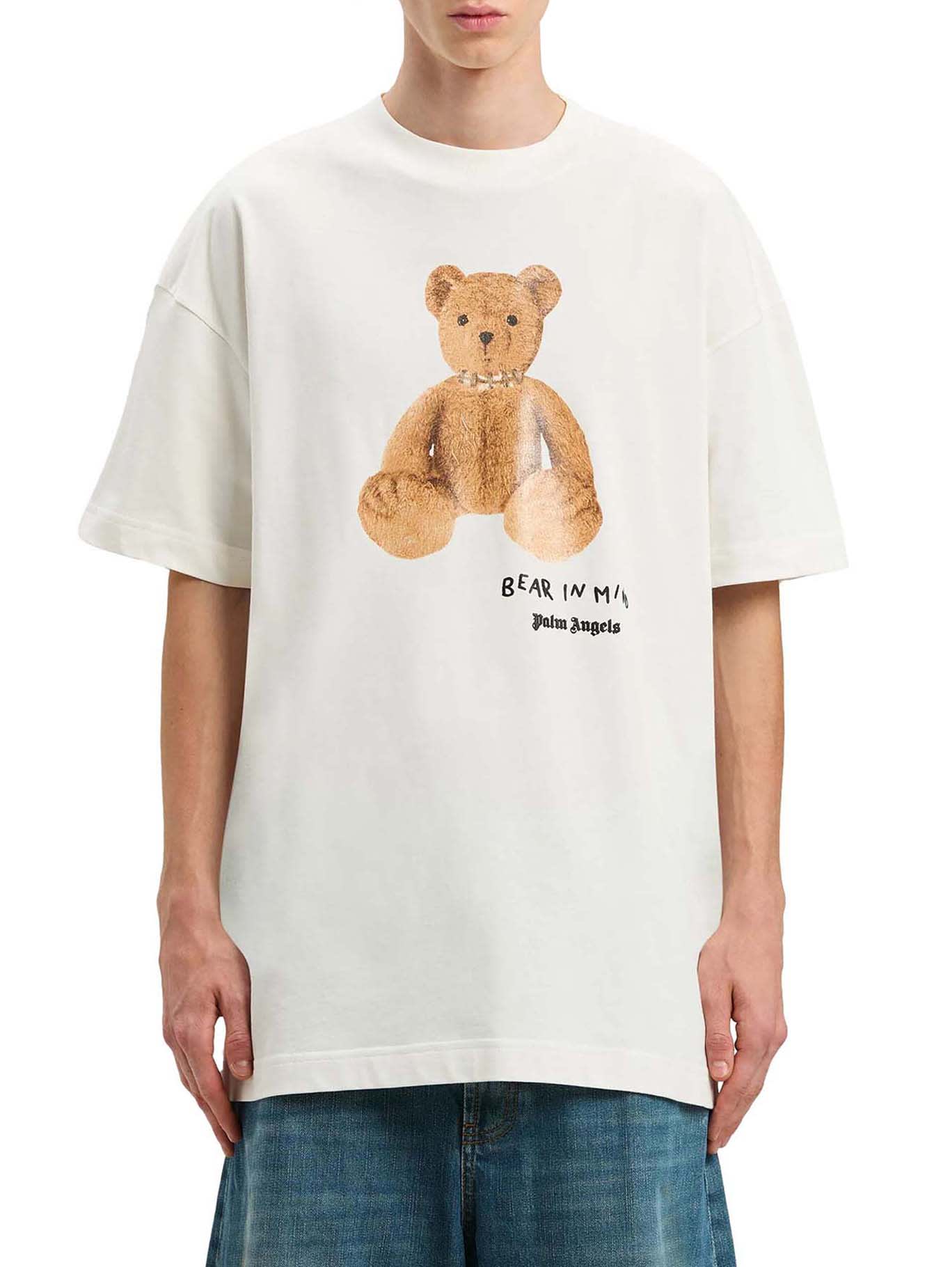 Palm Angels Bear In Mind White T-shirt With Bear Print And Logo Lettering On The Front In Cotton Man In White