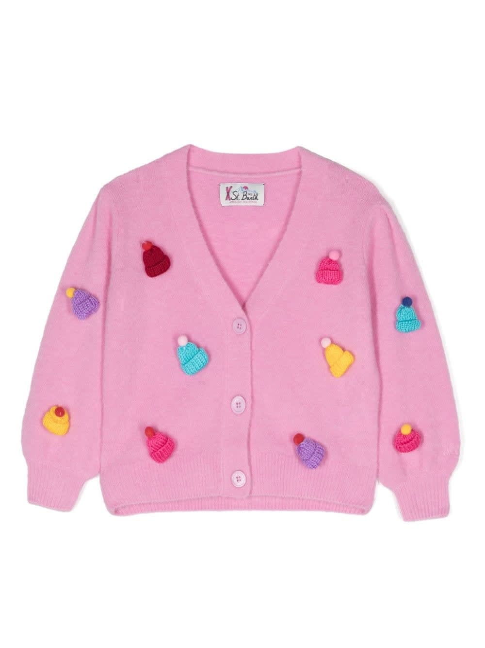 Mc2 Saint Barth Beanie-embroidered Ribbed-knit Cardigan In Pink