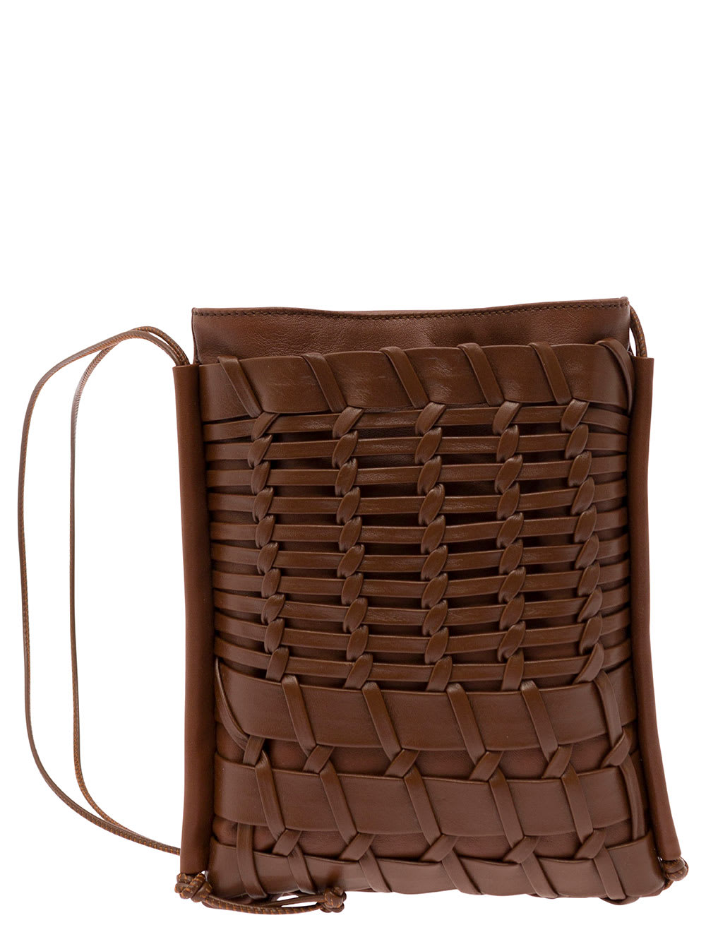 Shop Hereu Trena Brown Flat Square Crossbody Bag In Handwoven Leather Woman