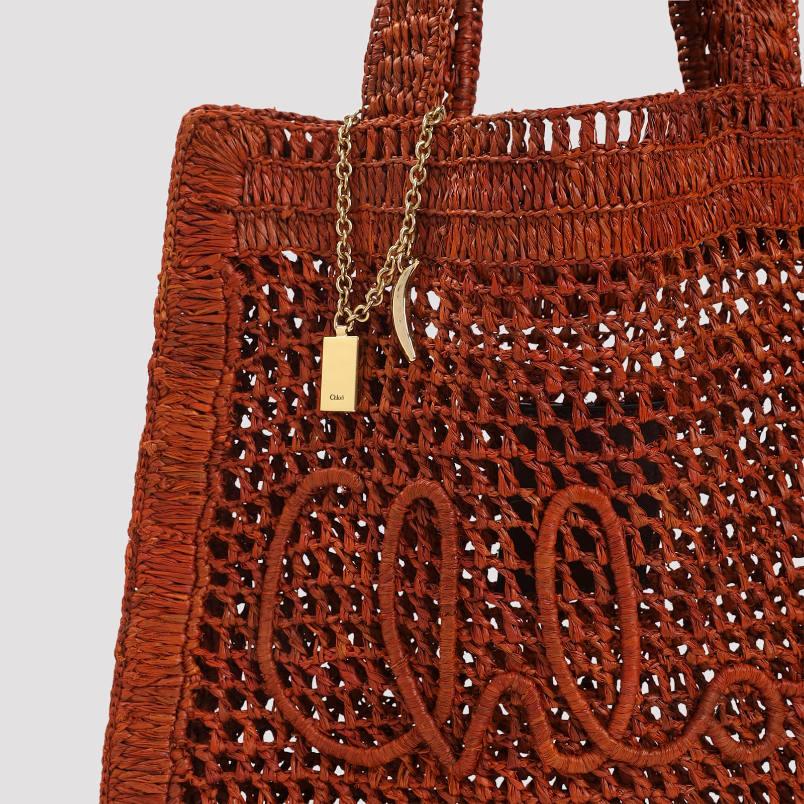 Chloé Clay Brown Raffia Summer Banana Tote Bag In Red