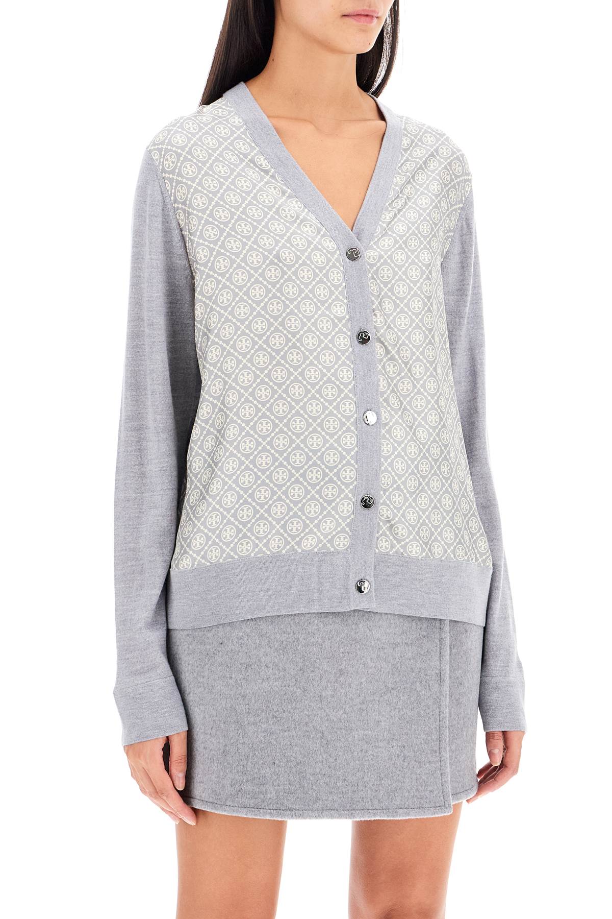 Shop Tory Burch Silk Insert Cardigan With Eight In Shadow Gray Melange T Monogram (grey)