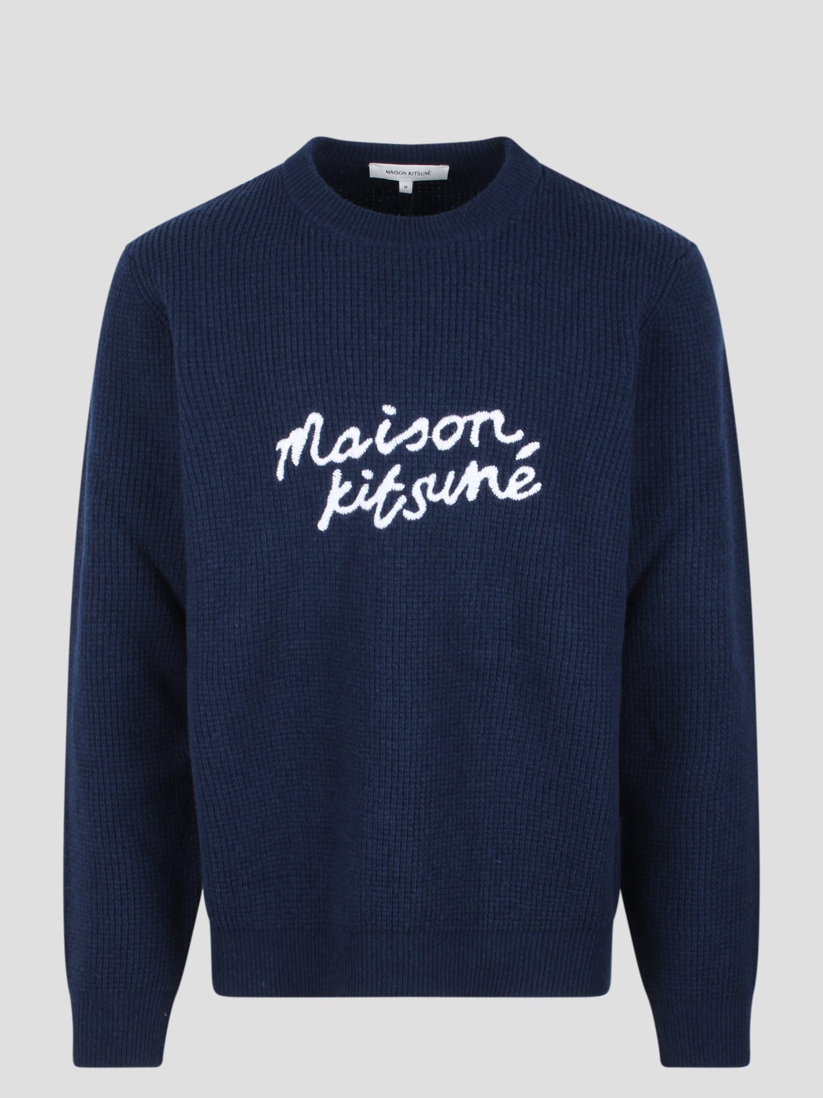 Shop Maison Kitsuné Embroidered Logo Wool Jumper In Blue