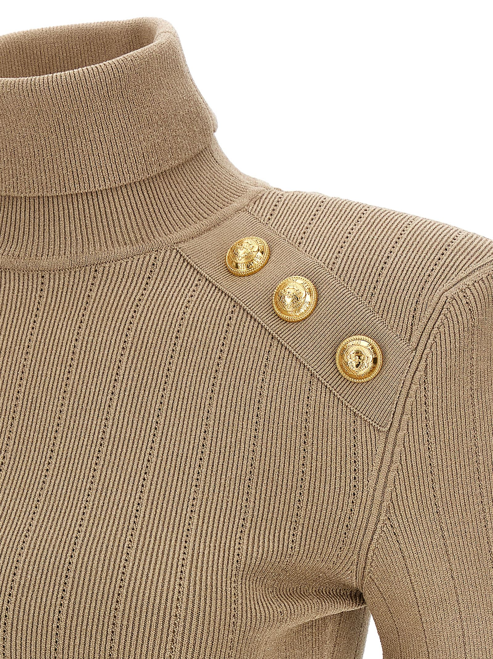 Shop Balmain Ribbed Button Sweater In Beige