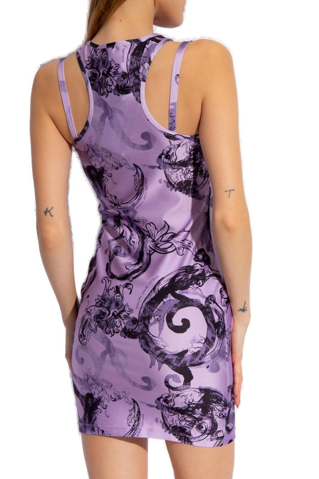 Shop Versace Jeans Couture Watercolour Couture-printed Sleeveless Midi Dress In Purple