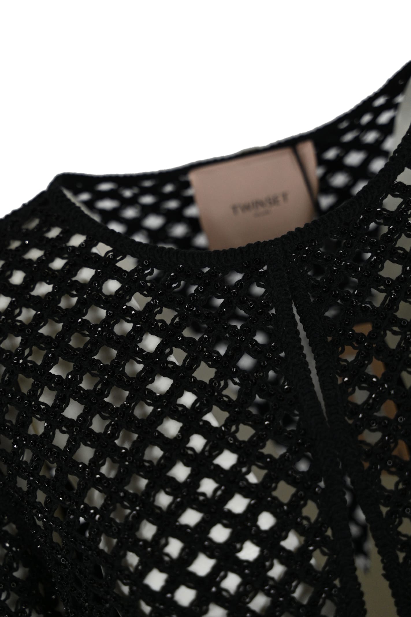 Shop Twinset Mesh Cardigan With Beads And Rhinestones In Nero