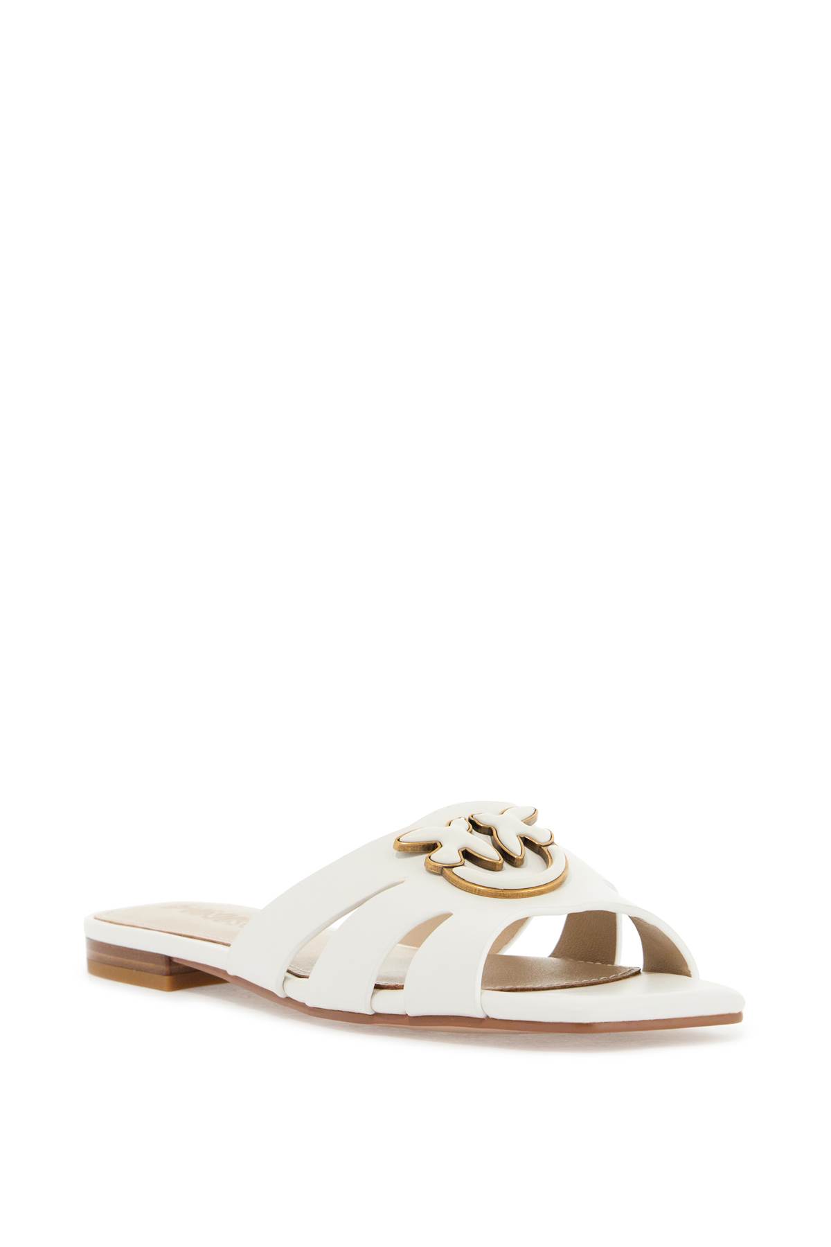 Pinko Milk Calf Leather Slippers With Striped Structure And Golden Details In White