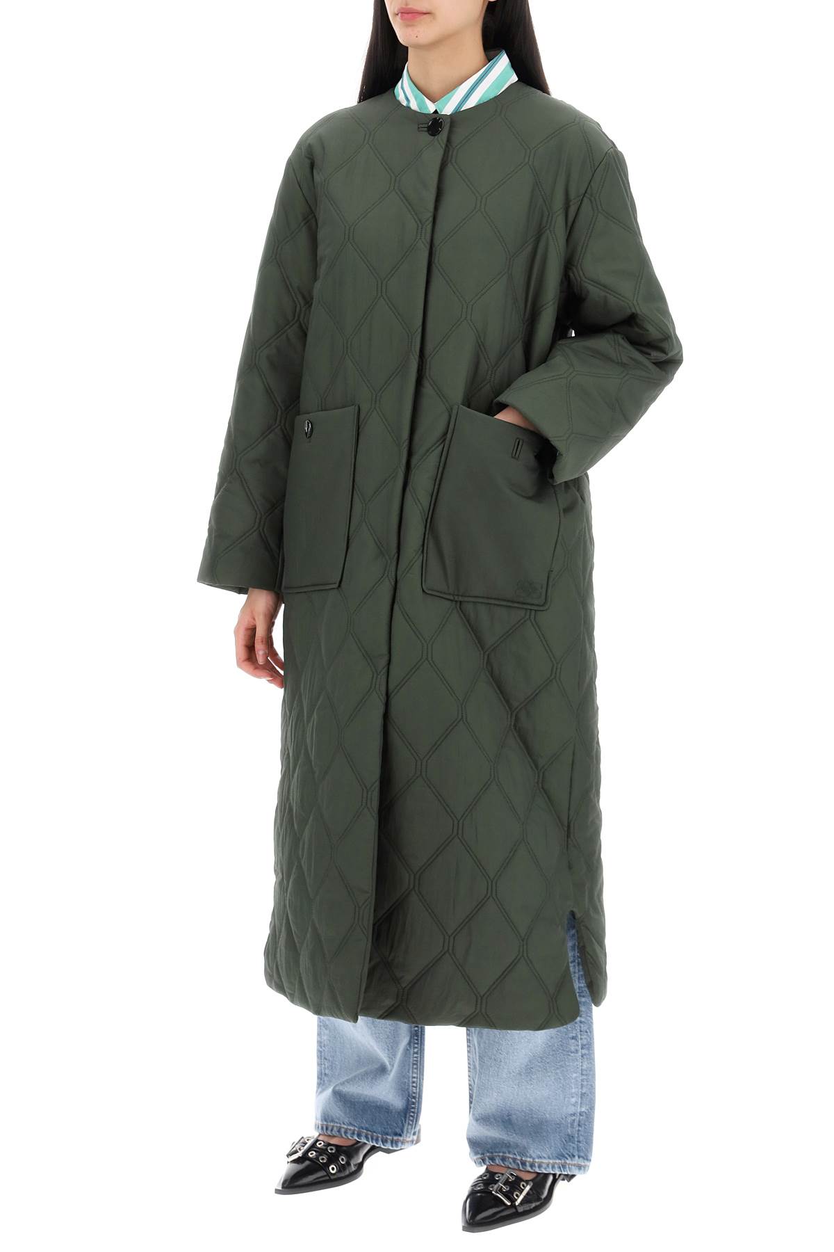 Shop Ganni Quilted Midi Coat In Kombu Green (green)