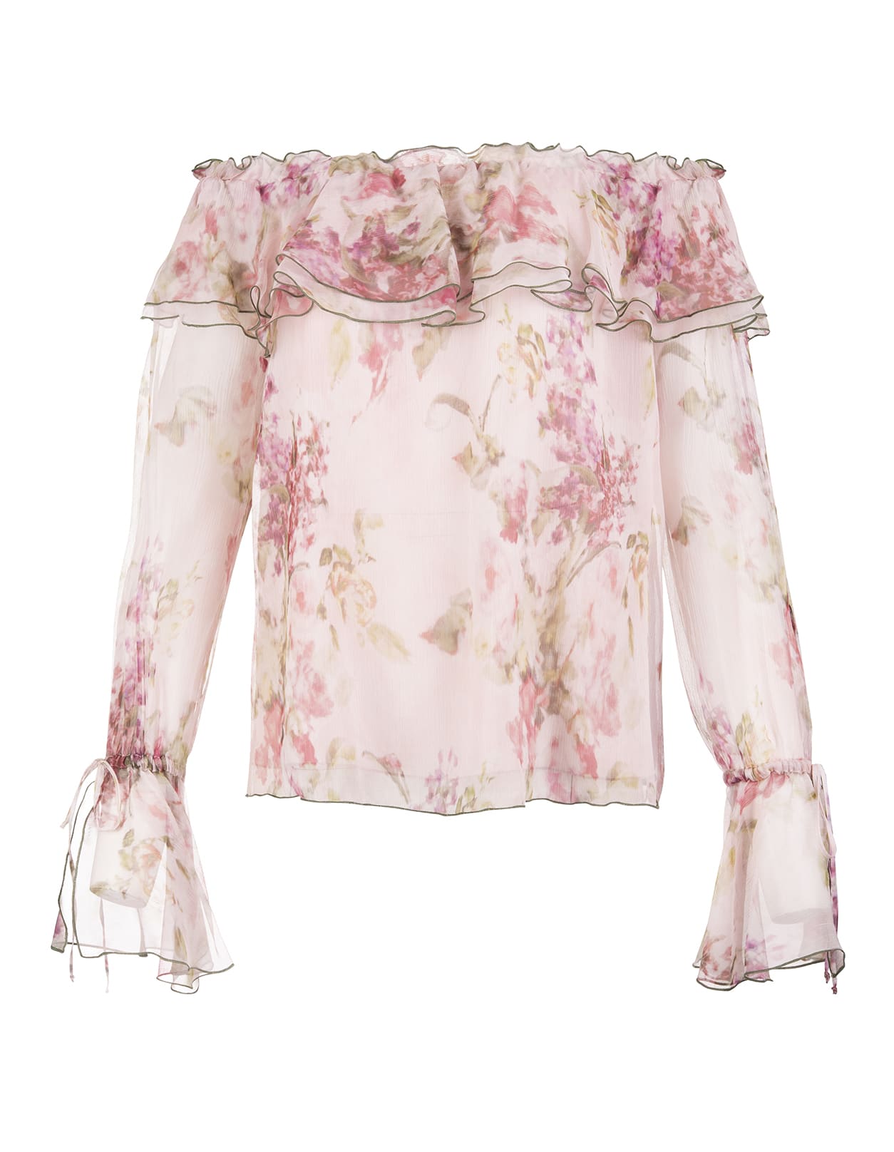 Blumarine Off-shoulder Blouse In Light Pink Silk With Floral Print
