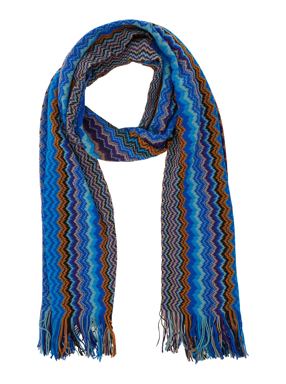Missoni Zigzag-pattern Fringed Scarf In Blue