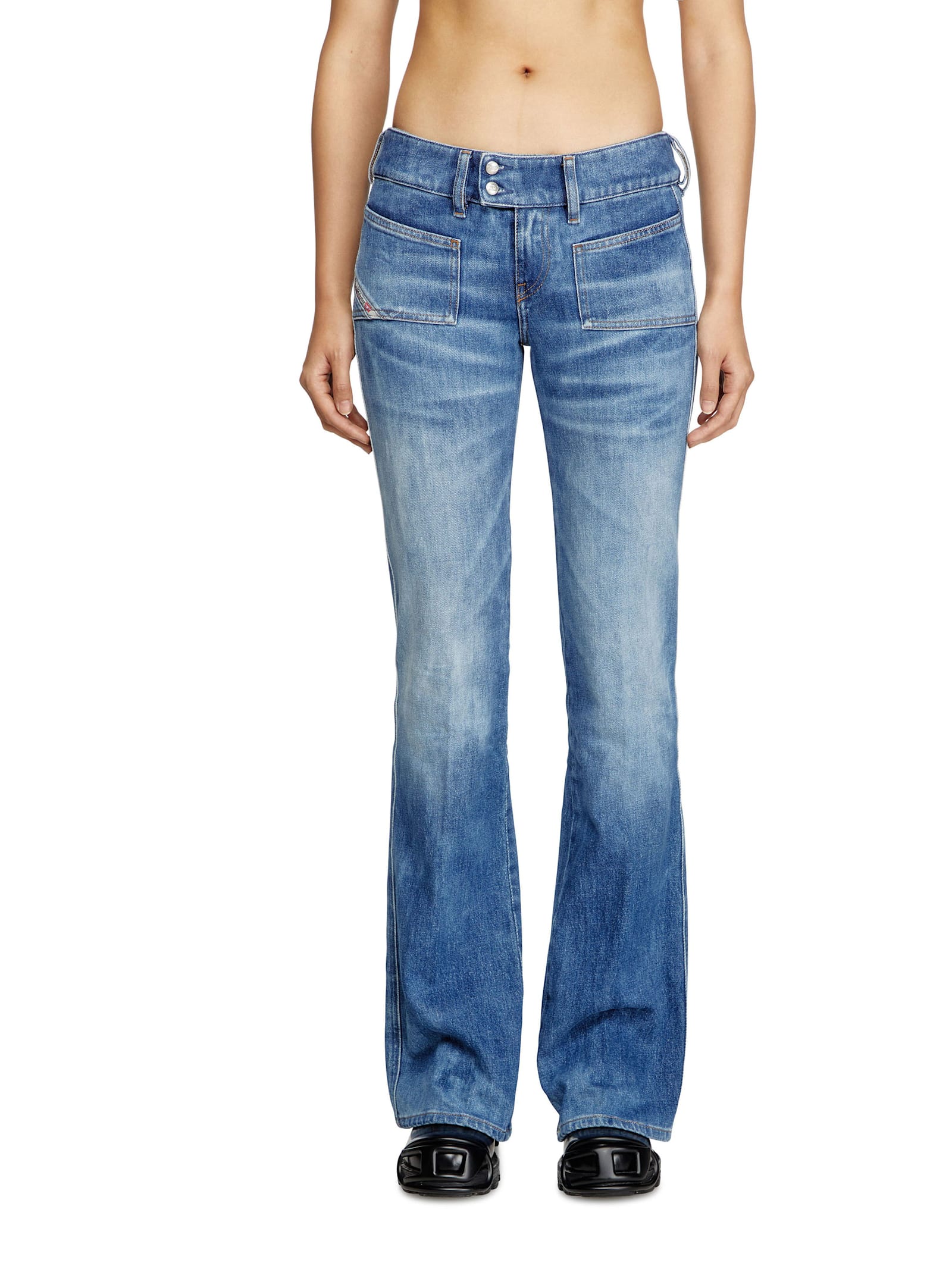 Diesel D-hush Partially Organic Cotton Flared Jeans With Back Logo Patch In Blue