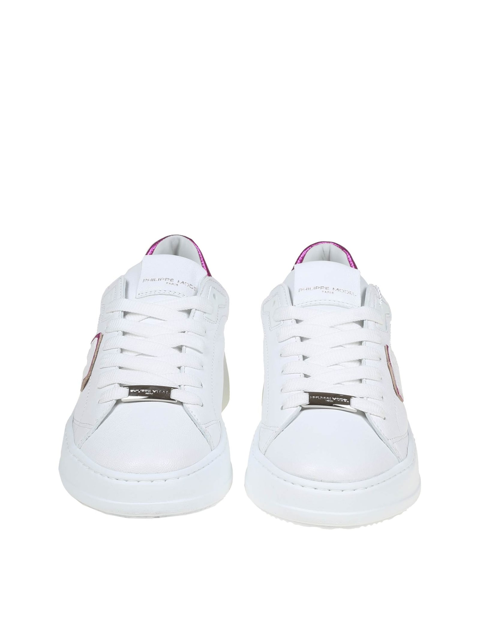 Shop Philippe Model Tres Temple Low In White And Fuchsia Color Leather In Blanc/fucsia