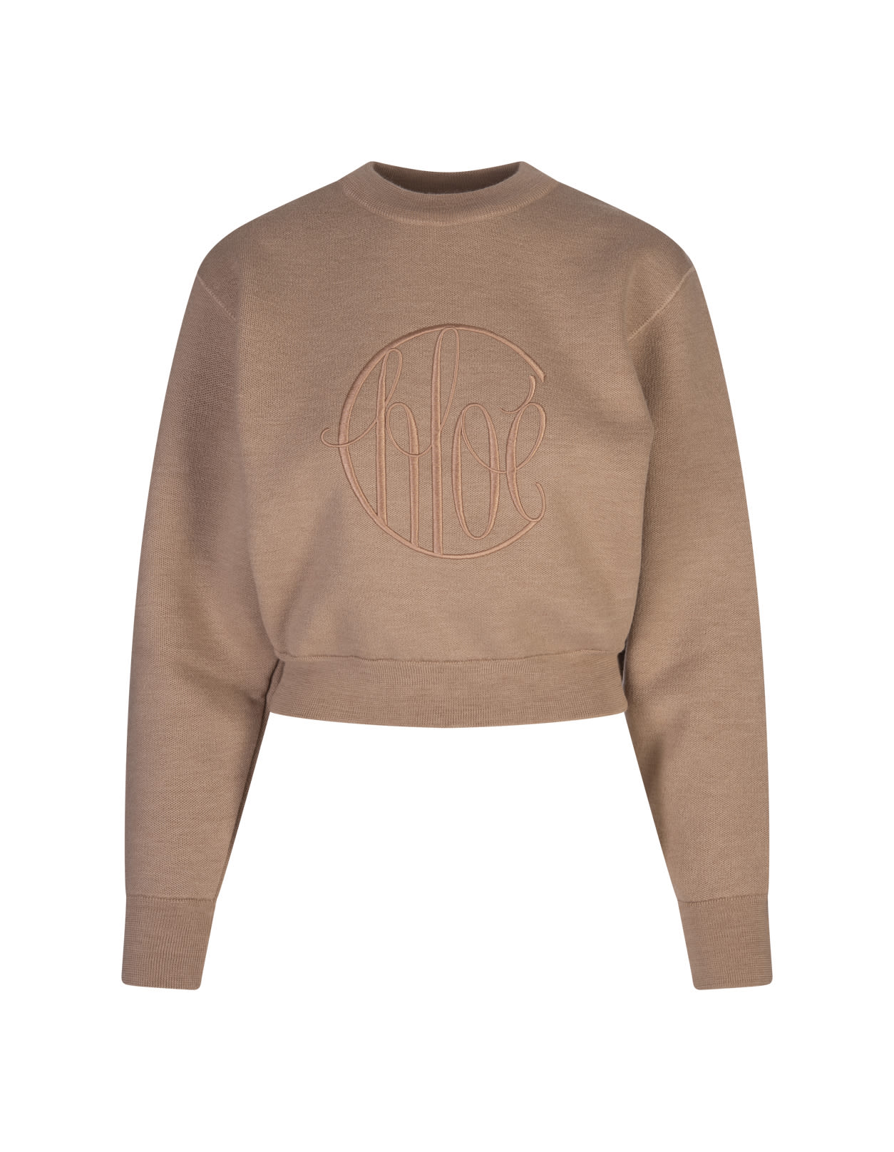 Shop Chloé Straw Beige Short Sweater With Embroidered Logo In Brown