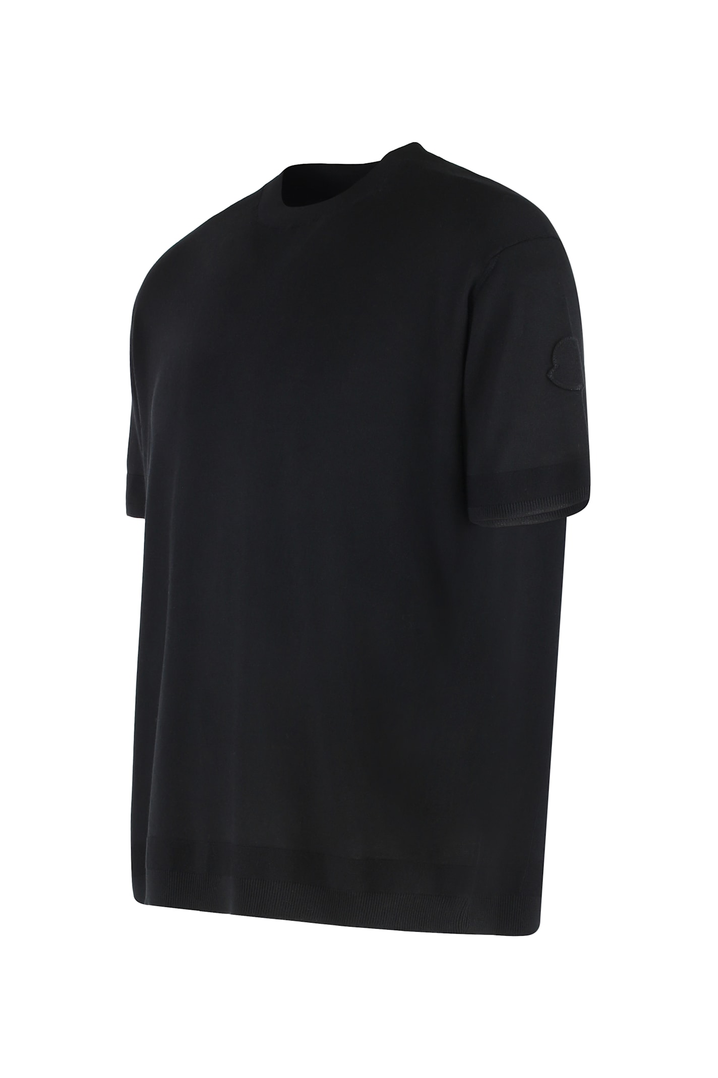 Moncler Crew Neck Silk T-shirt With Ribbed Cuffs In Blue
