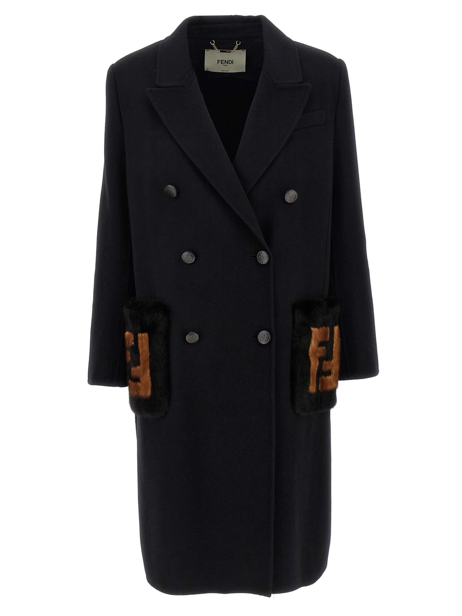 Fendi Double Wool Coat In Black