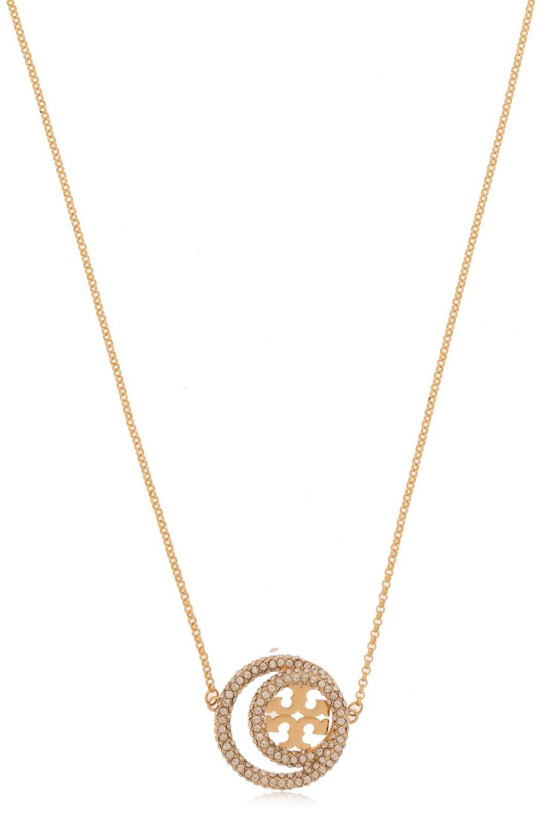 Shop Tory Burch Miller Double Ring Pendant Embellished Necklace In Gold/crystal