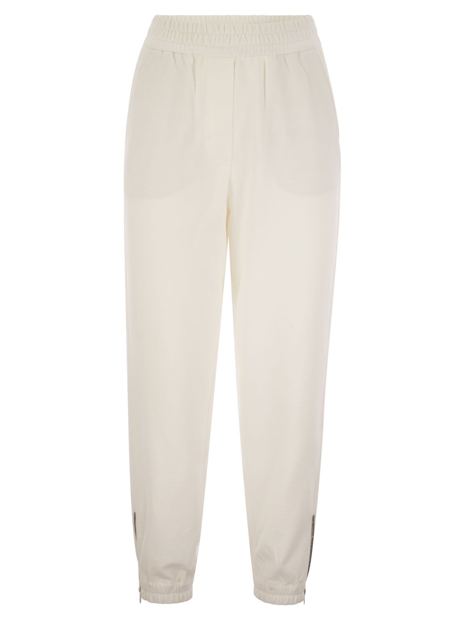 Brunello Cucinelli Track Trousers In Cotton Fleece Smooth With Precious Zipper Cuffs In White