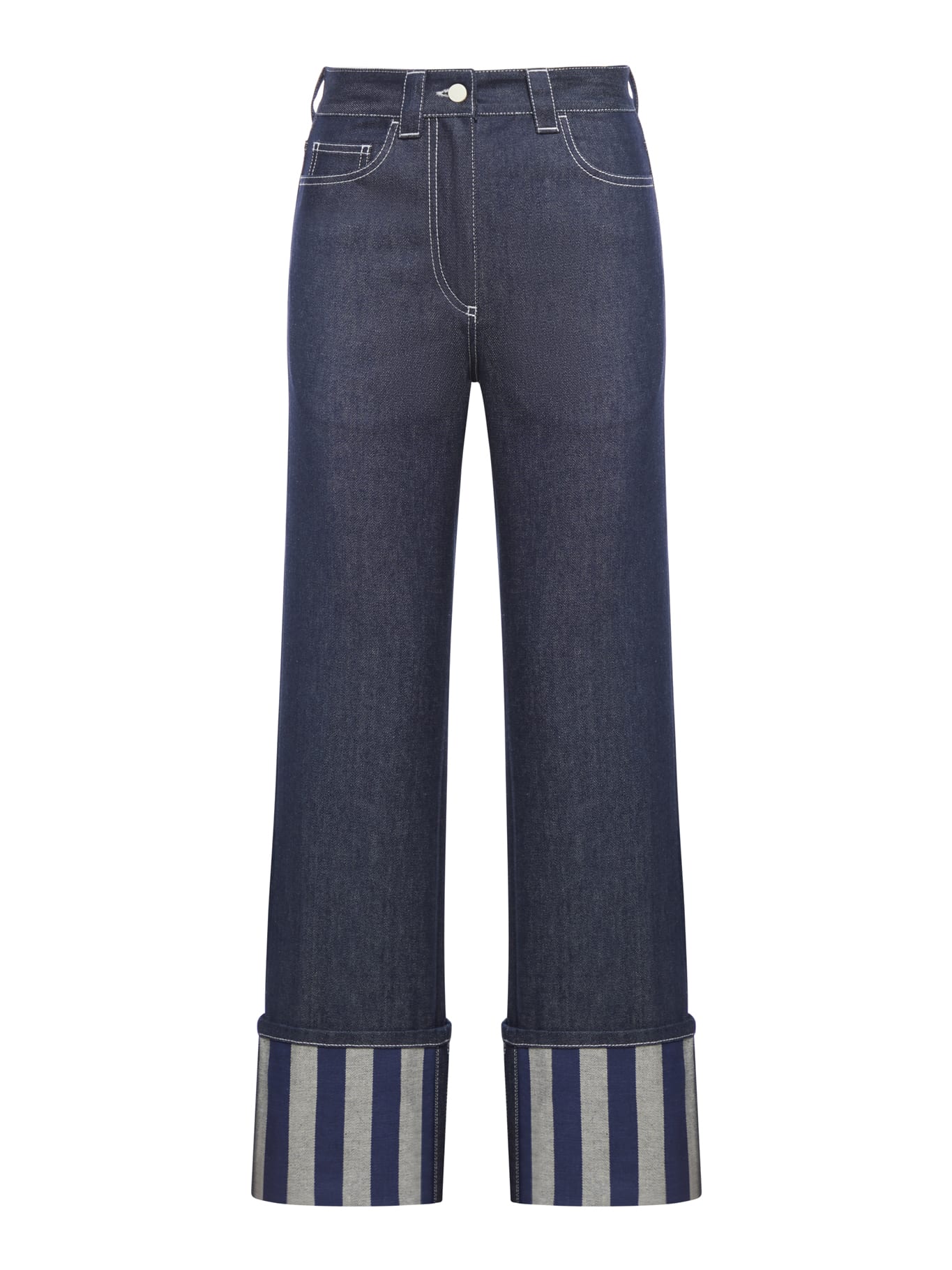 Shop Sunnei Straight Leg Turn-up Hem Jeans In Raw Electric Blue Stripes