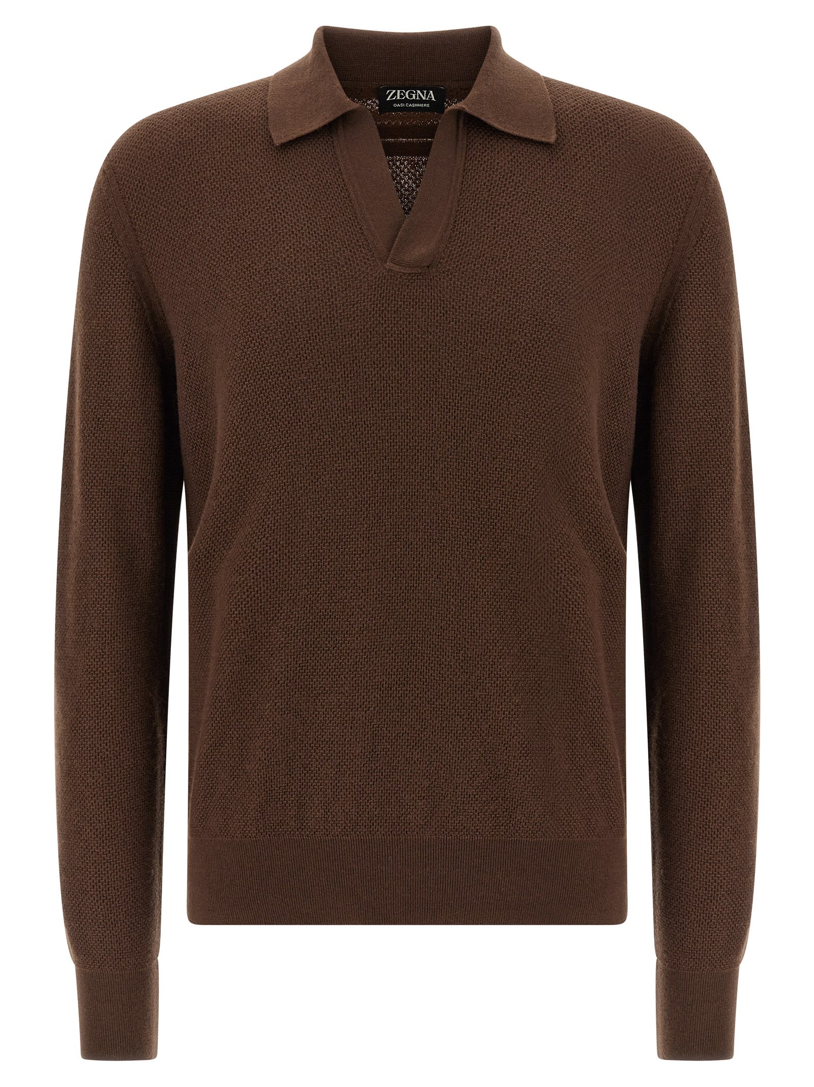 Zegna Cashmere Polo Sweater Textured Knit In Brown