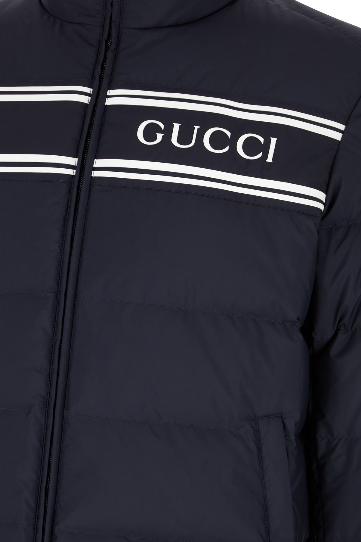 Shop Gucci Navy Blue Polyester Down Jacket In Navy Mix