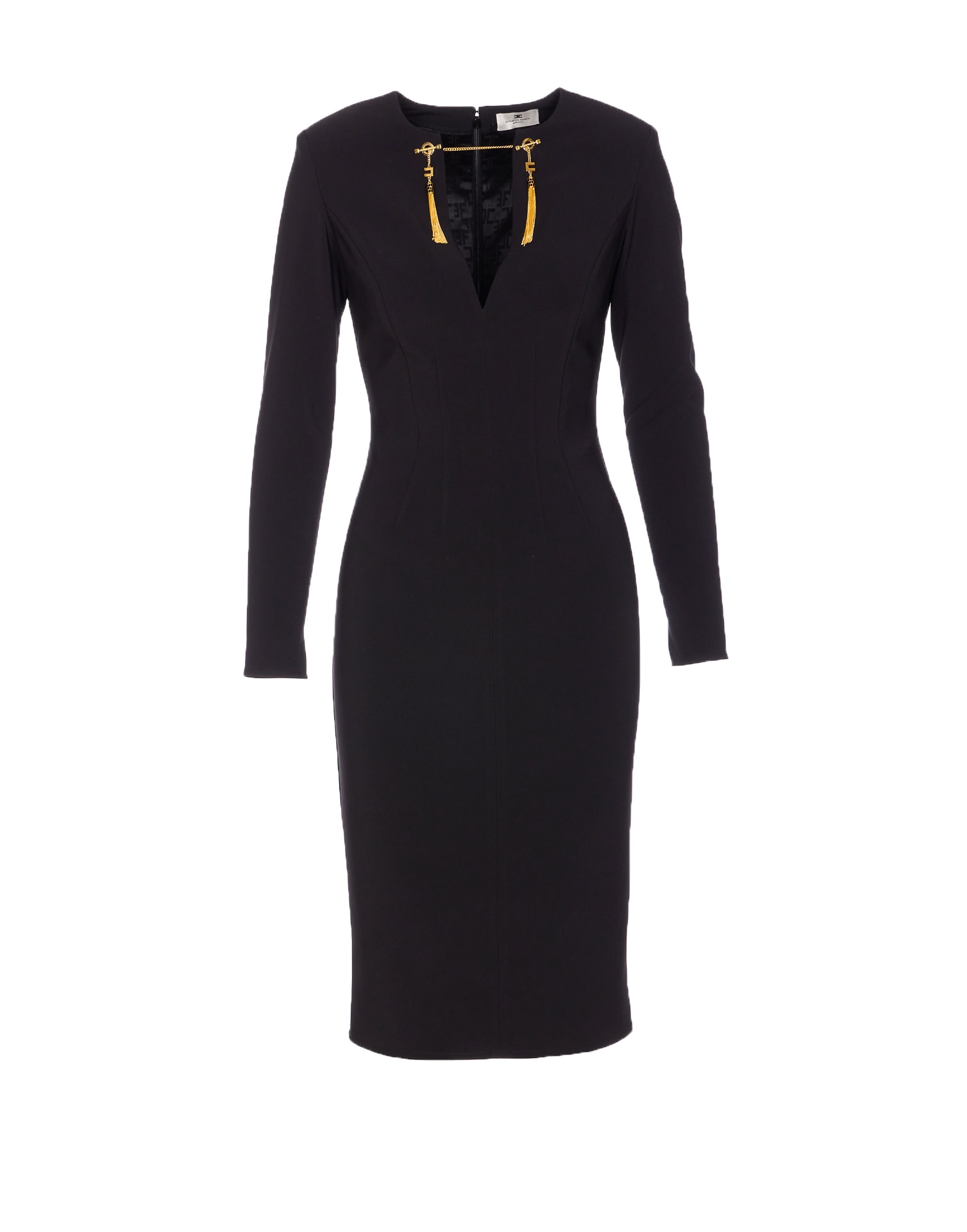 Elisabetta Franchi Shoulder Reinforced V-neckline Midi Dress With Split In Black