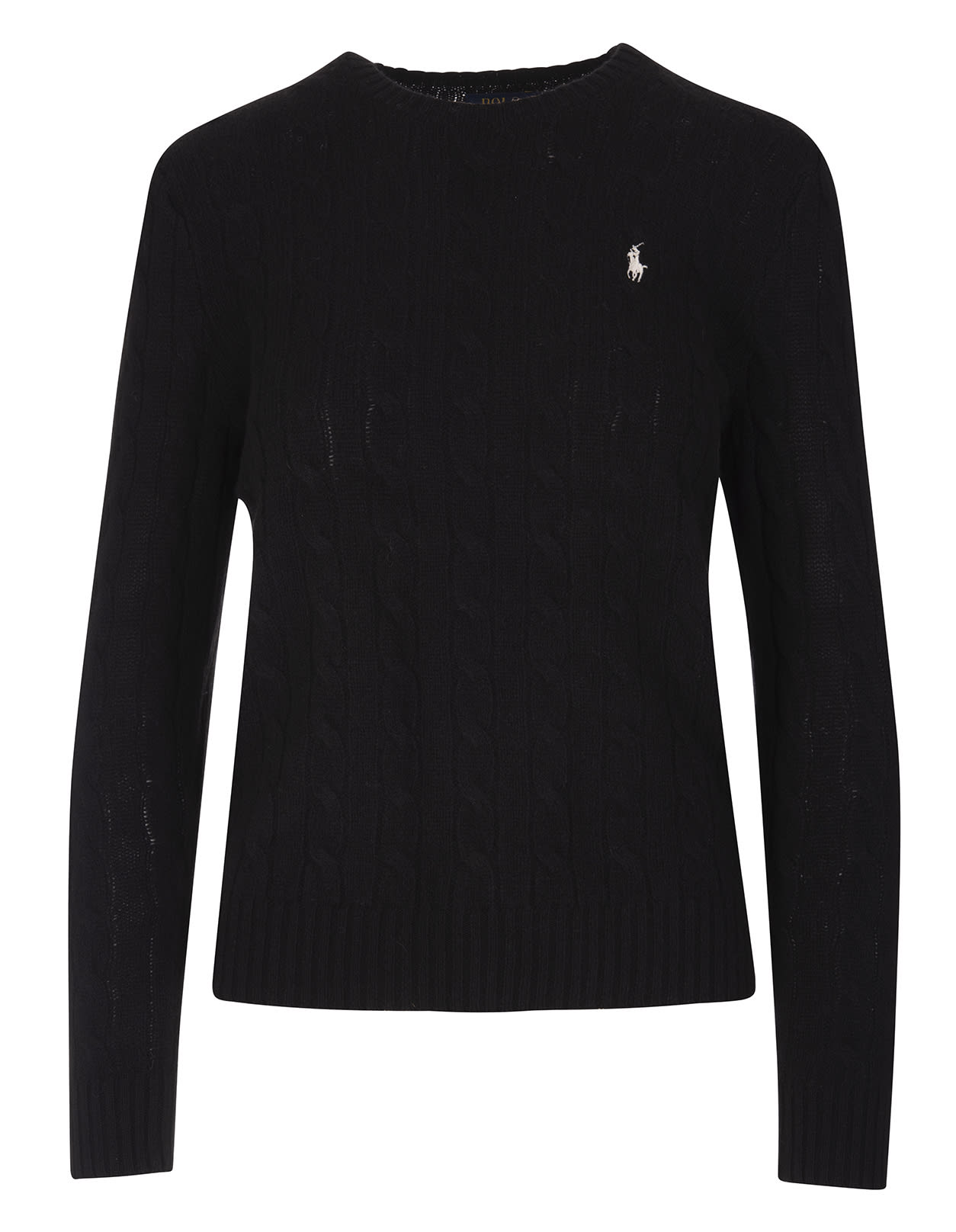Ralph Lauren Woman Black Crew-neck Sweater In Braided Wool And Cashmere