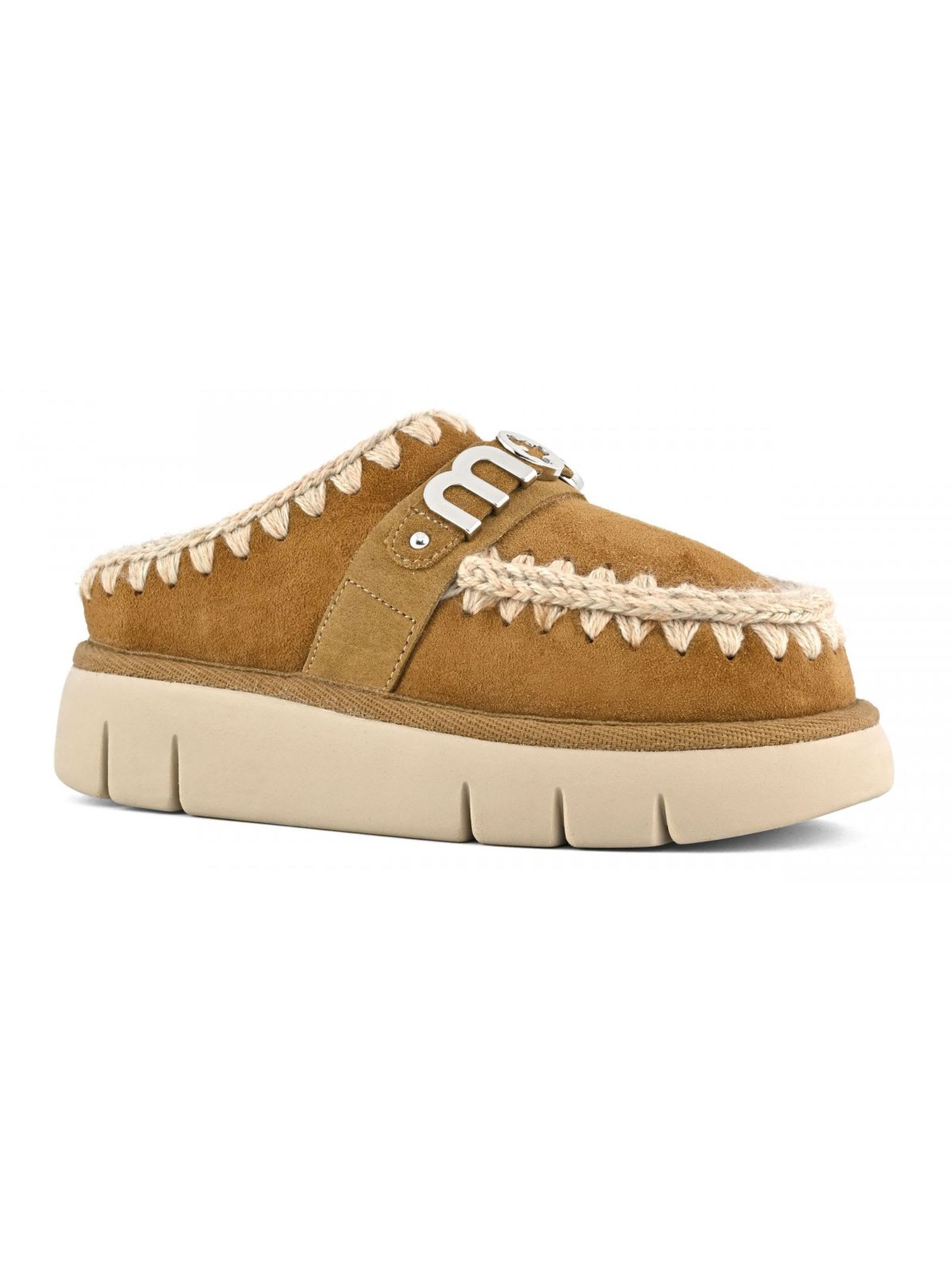 Mou Logo-lettering Crochet-trim Suede Mules In Marrone