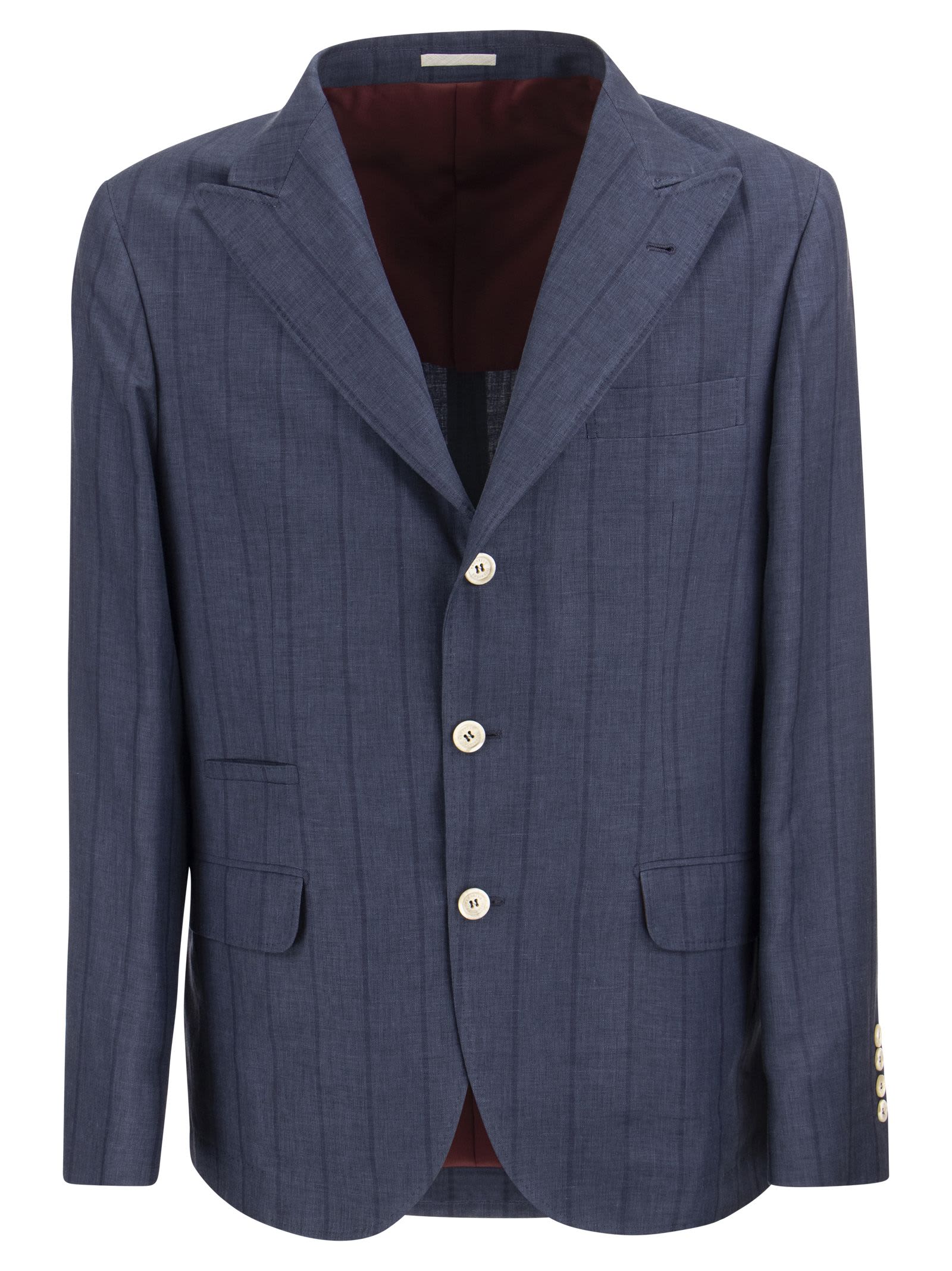 Brunello Cucinelli Deconstructed Wool, Linen And Silk Pinstripe Jacket