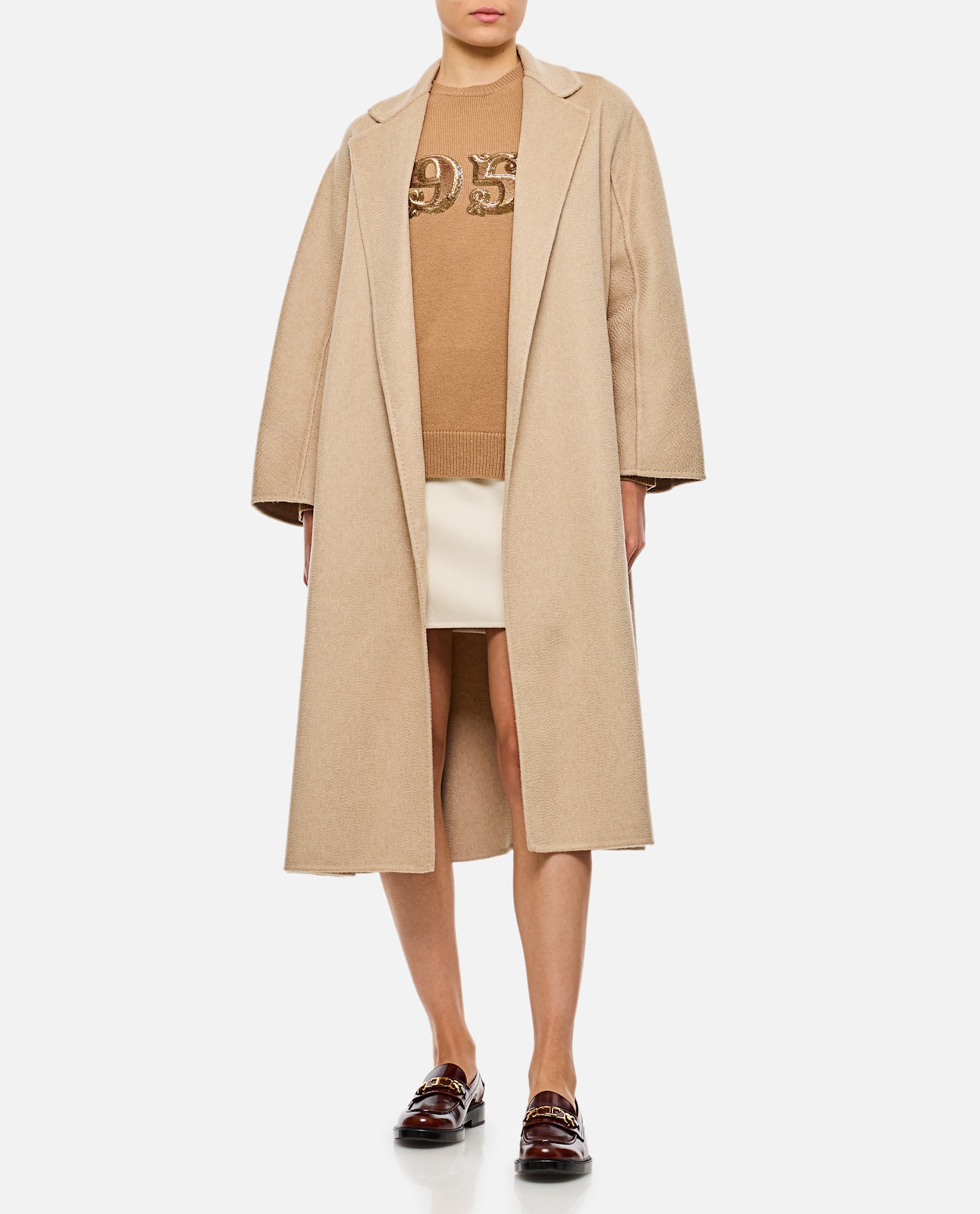 Shop Max Mara Ludmilla Belted Cashmere Midi Coat In Beige