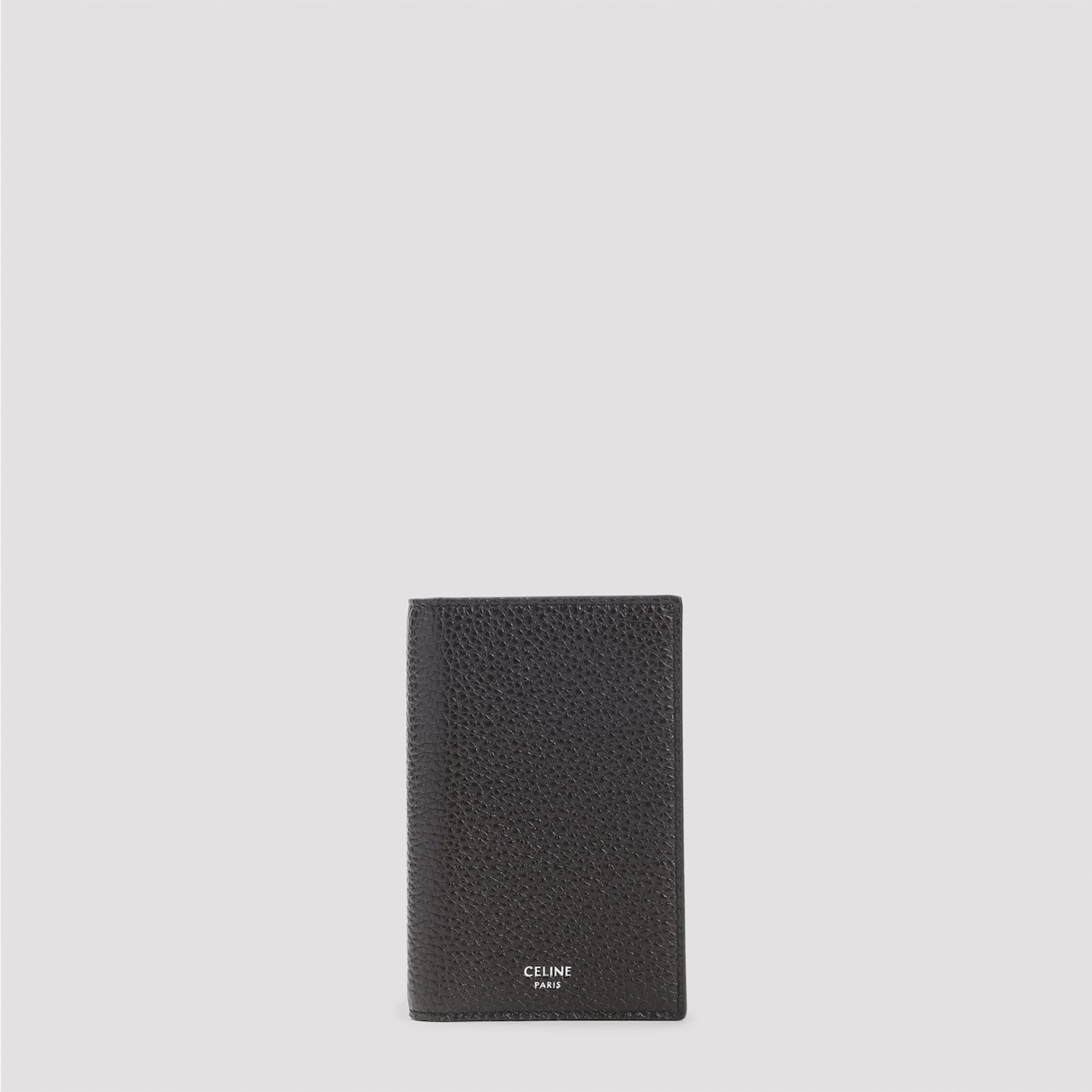 Celine Vertical Card Holder In Grained Calfskin In Gray