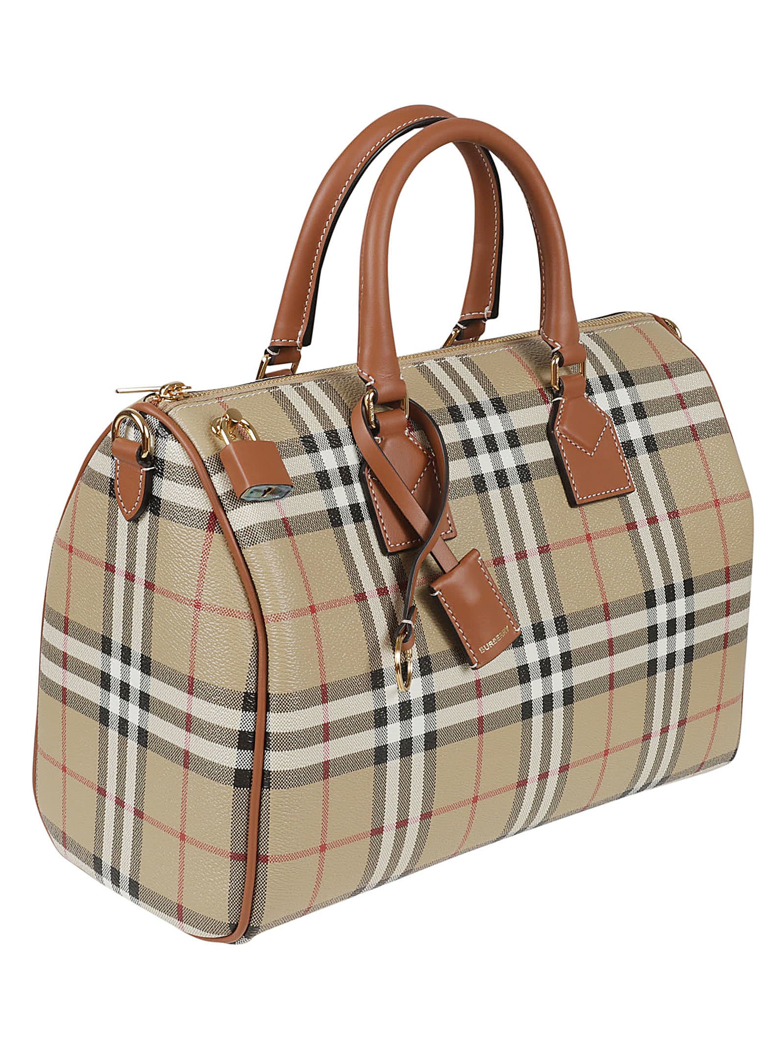 Shop Burberry Top Handle Check Tote In Beige