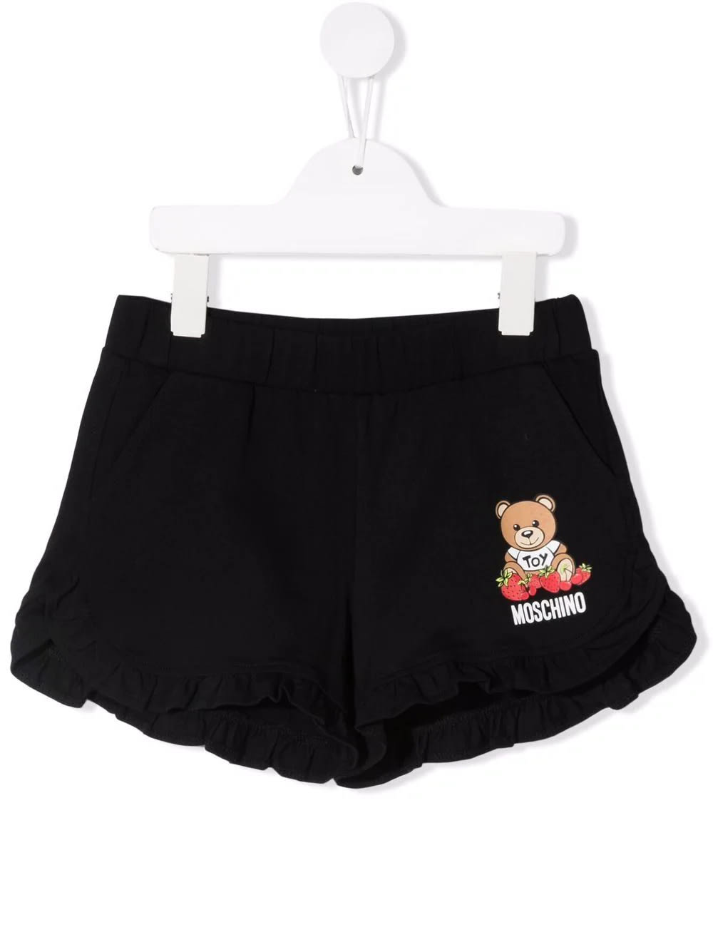 Moschino Kids Black Shorts With Ruffles On The Bottom And Teddy Bear With Strawberries