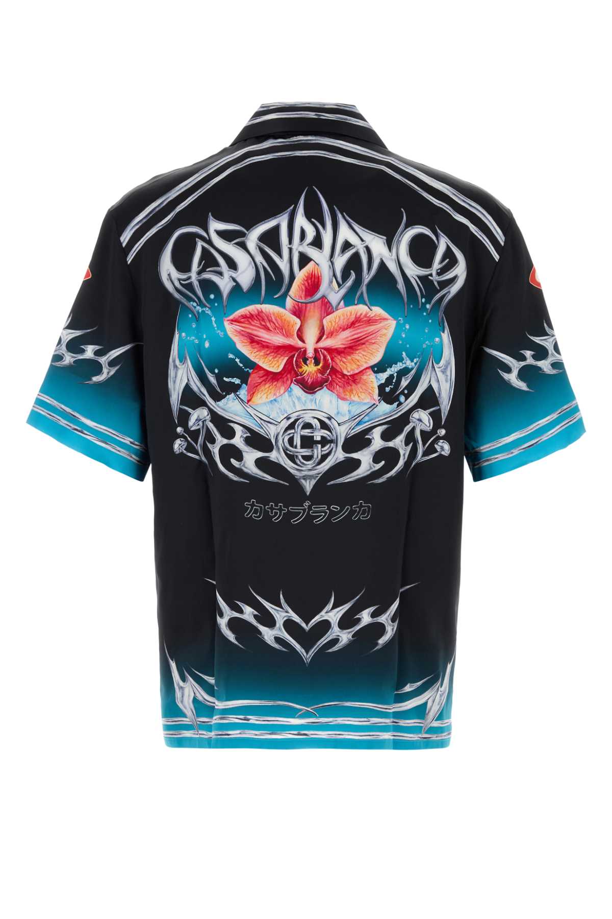 Casablanca Blades Orchid-print Cuban-collar Shirt In Black