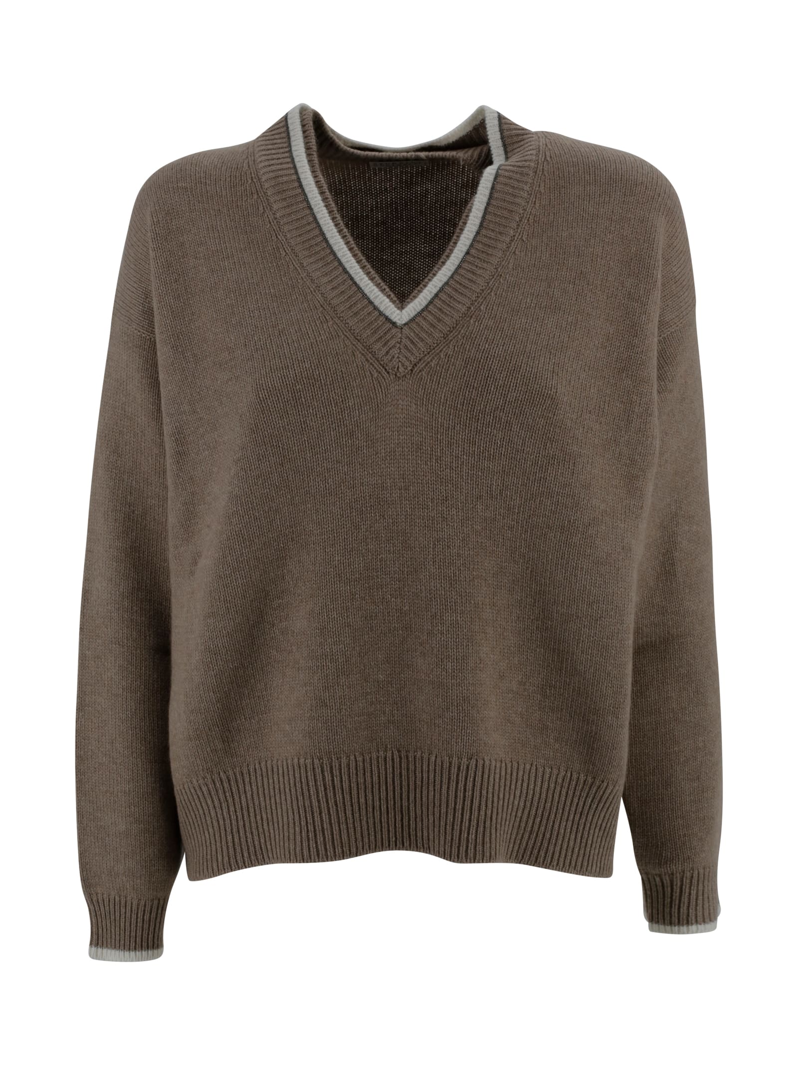 Brunello Cucinelli Ribbed V-neck Top Contrast Trim In Brown
