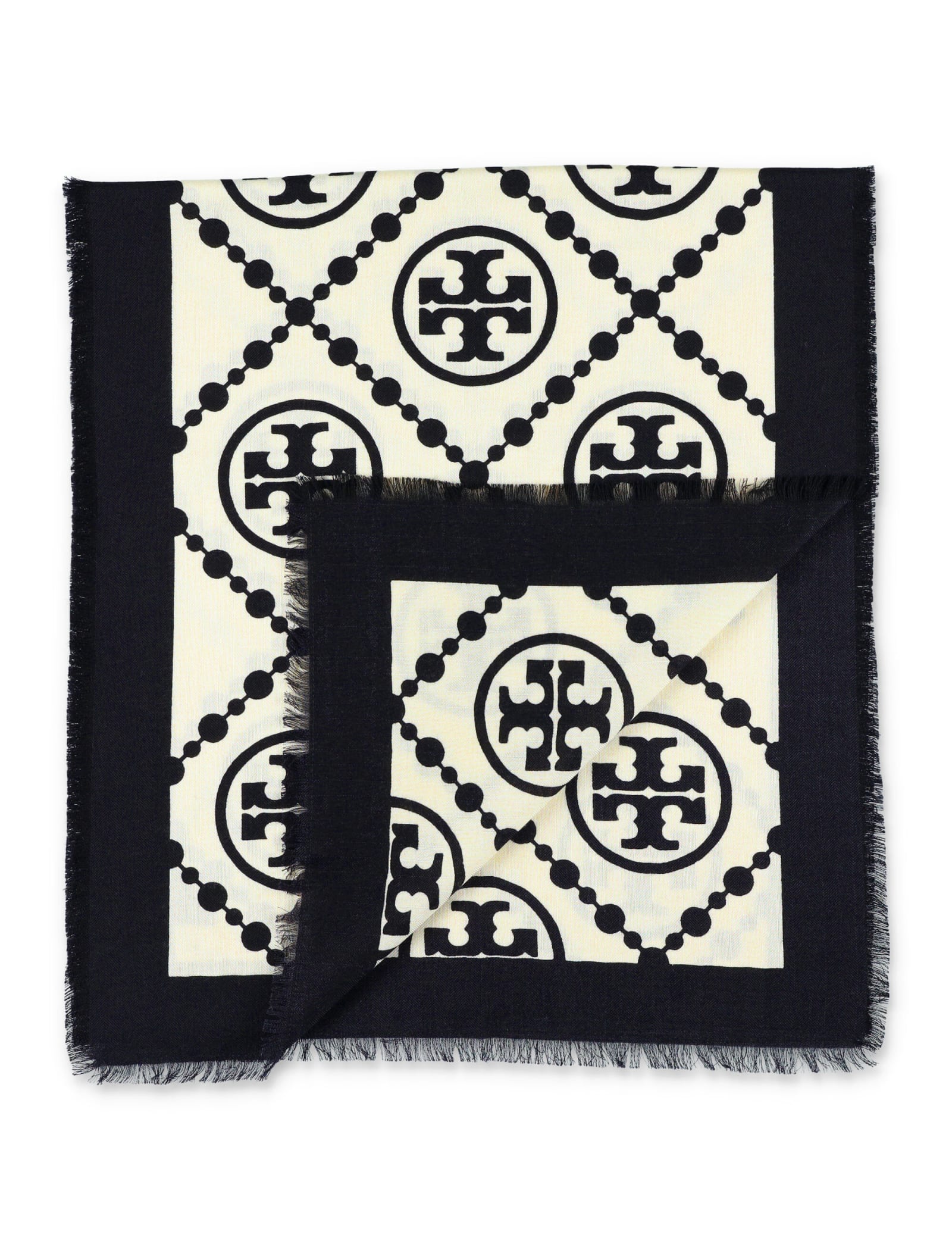 Shop Tory Burch T Monogram Bordered Oblong Scarf In T Monogram Bordered Oblong - Black