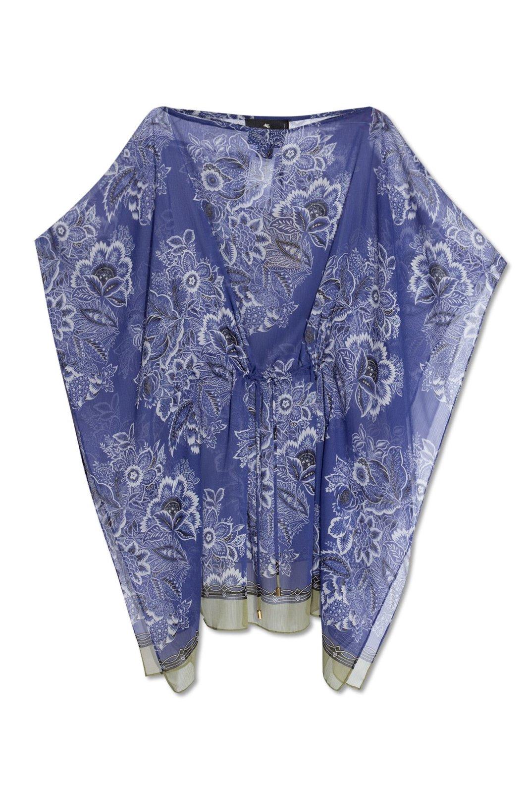 Shop Etro Floral Printed Semi-sheer Kaftan Dress In Blue
