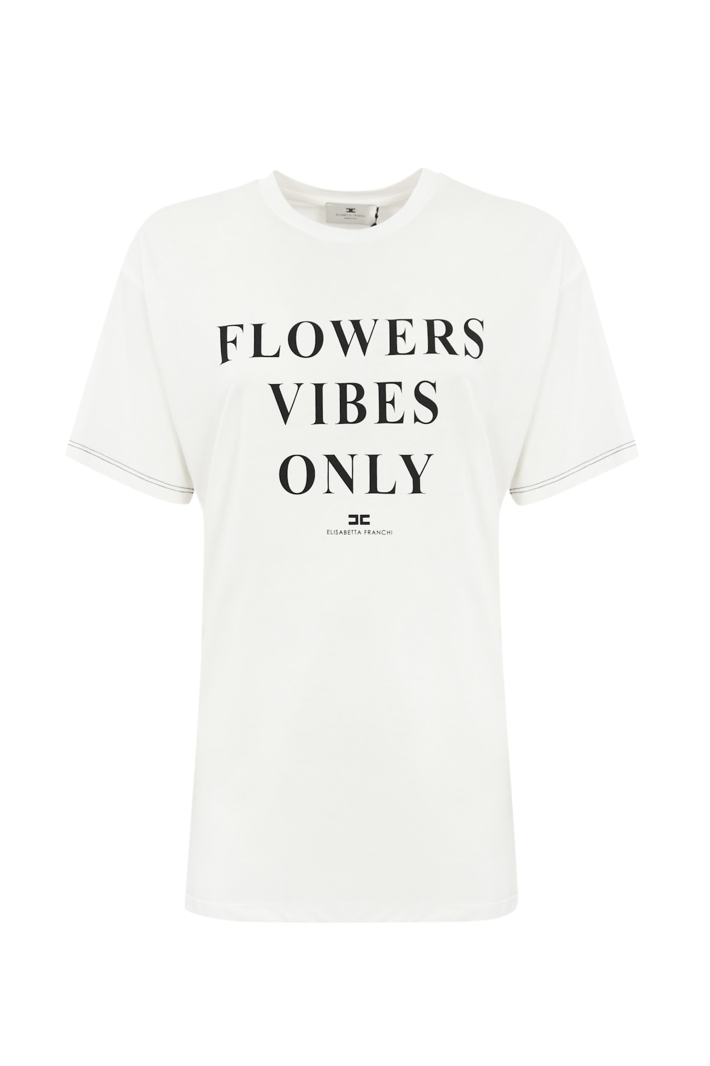 Elisabetta Franchi Jersey T-shirt With Print And Satin Bands In Gesso